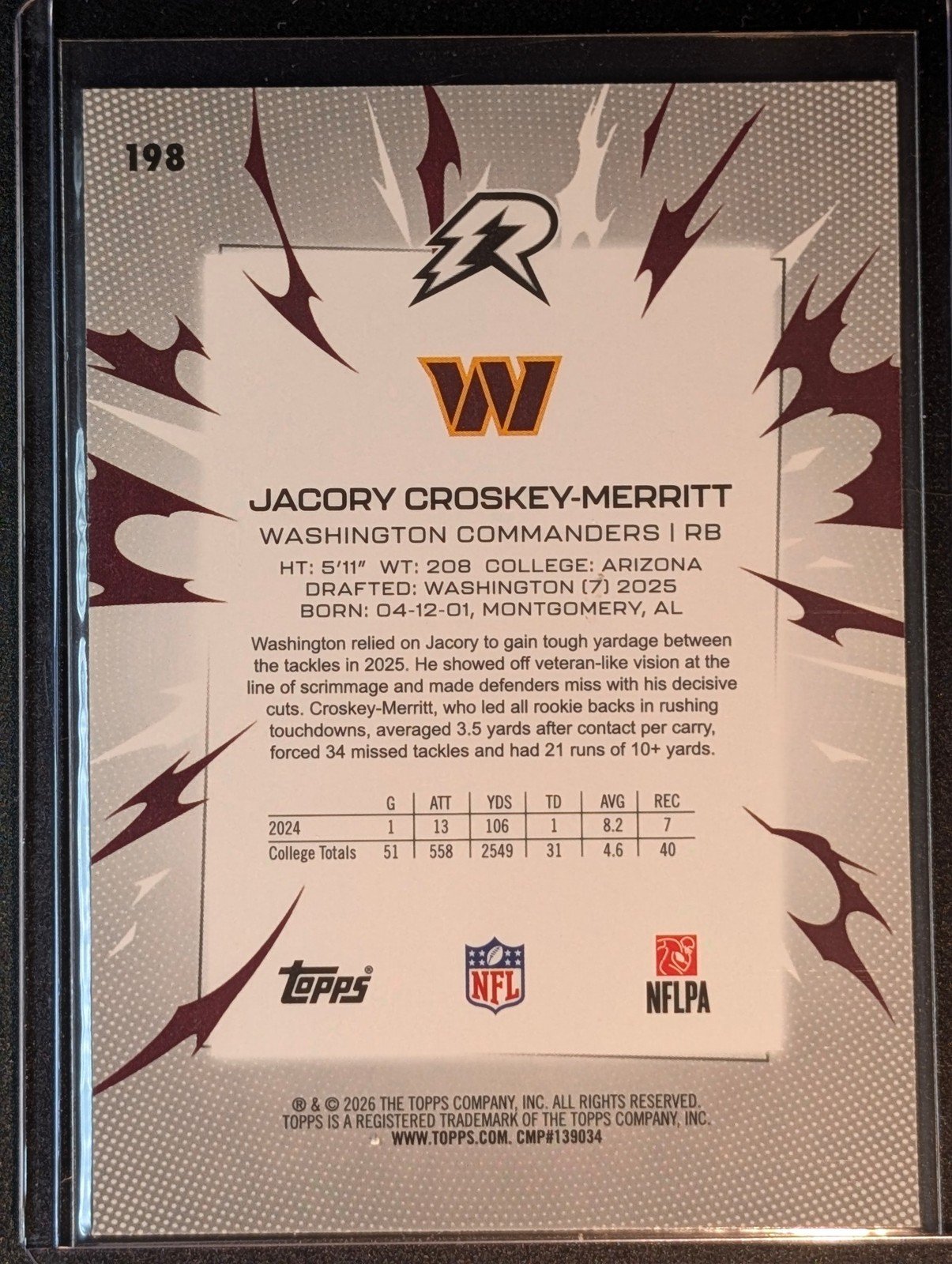 Back of 2025 Topps Resurgence #198 Jacory Croskey-Merritt