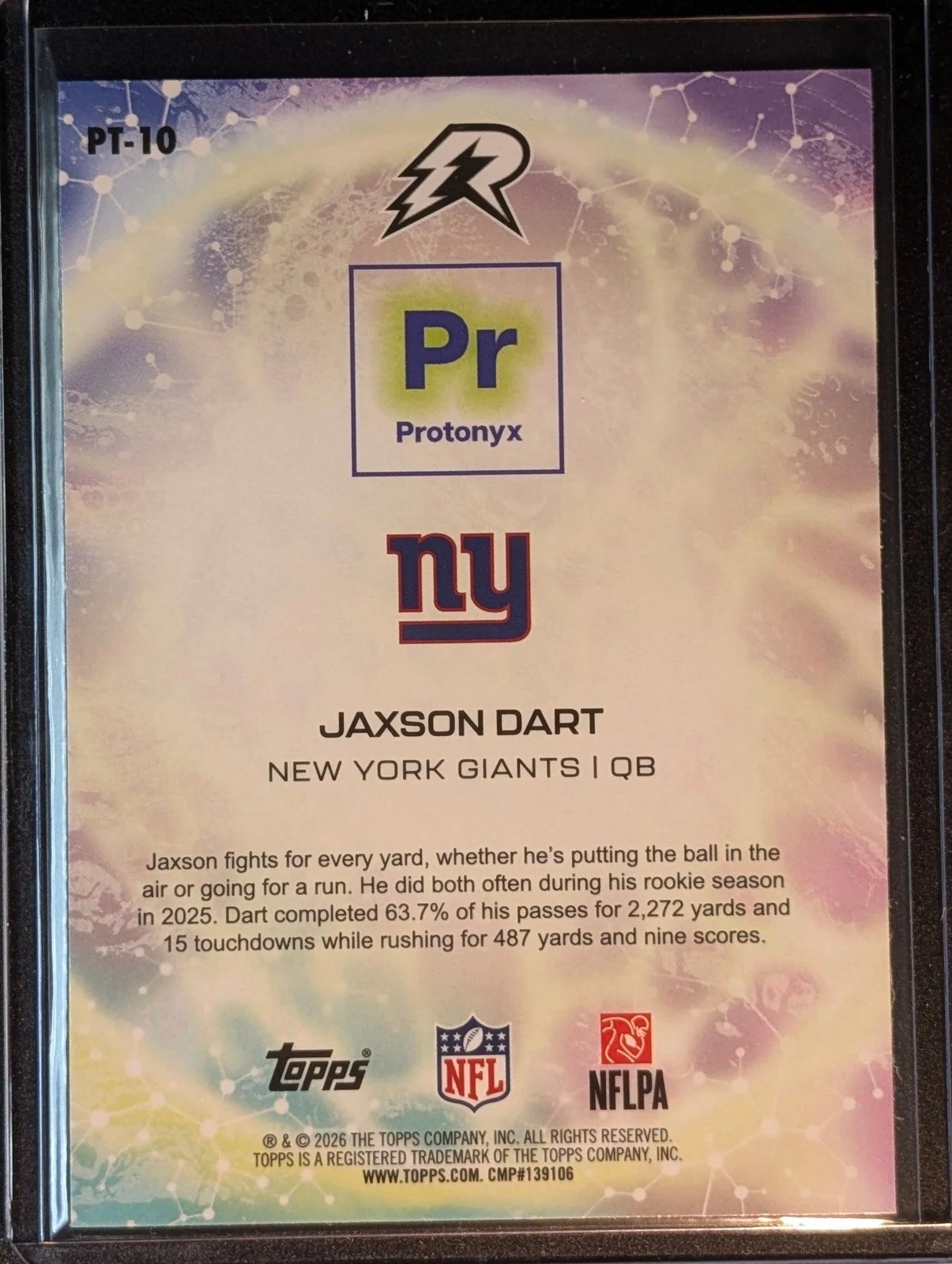Back of 2025 Topps Resurgence #PT-10 Jaxson Dart Protonyx Rookie