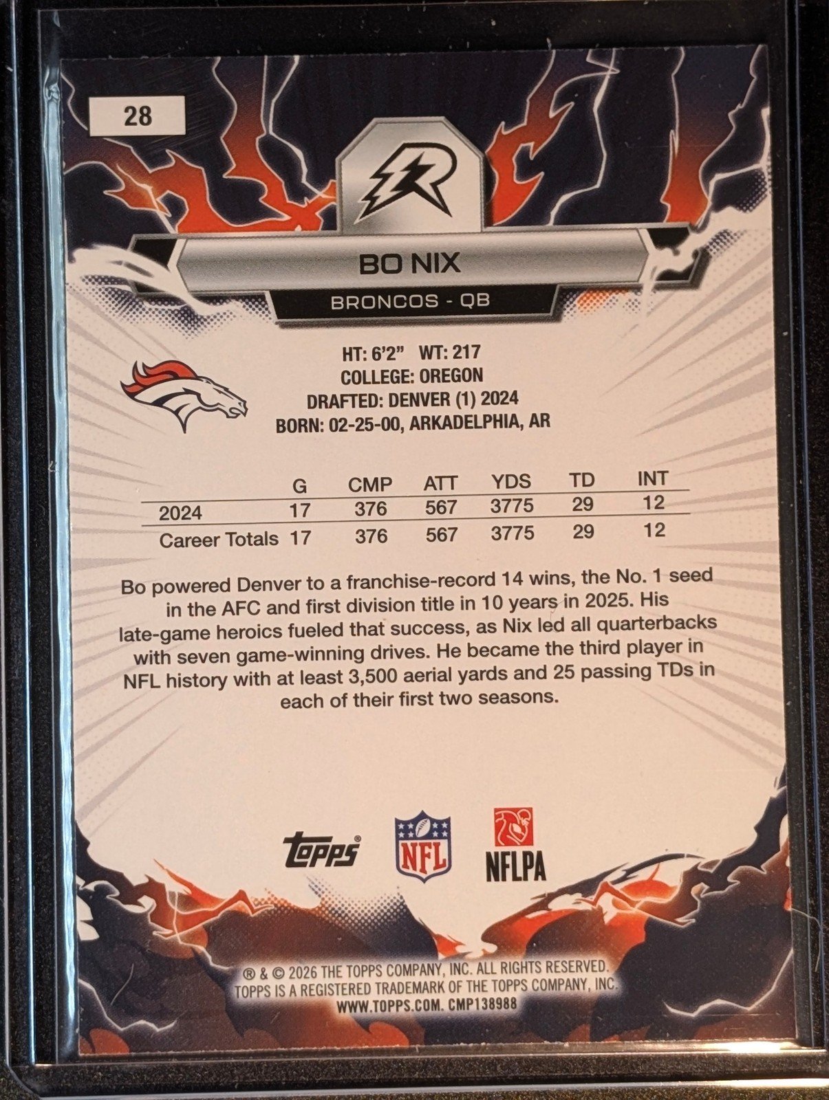Back of 2025 Topps Resurgence #28 Bo Nix Prism Refractor