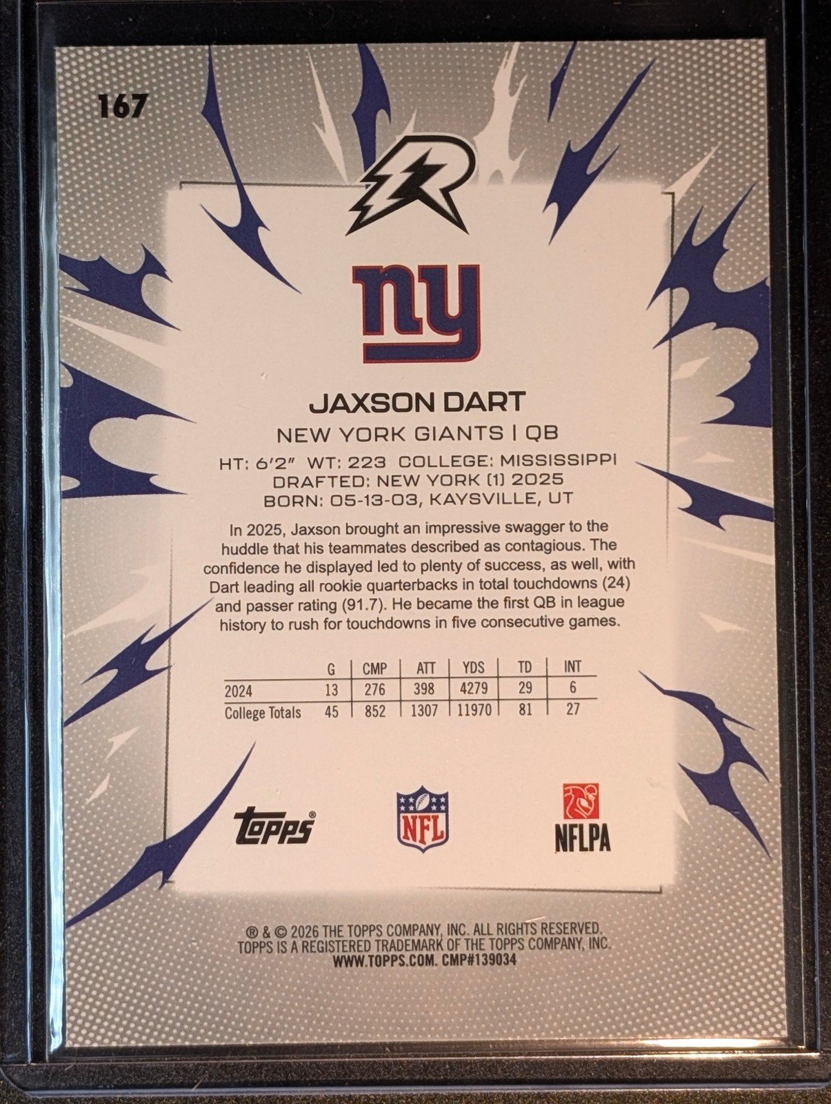 Back of 2025 Topps Resurgence #167 Jaxson Dart Rookie