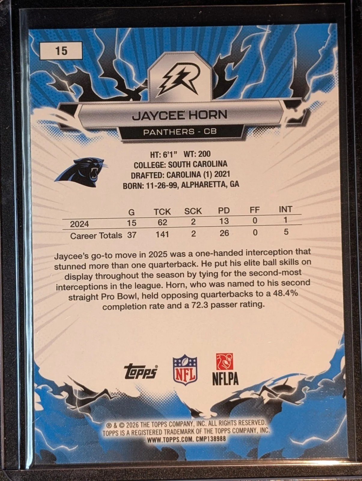 Back of 2025 Topps Resurgence #15 Jaycee Horn Blue & Orange Spark Refractor
