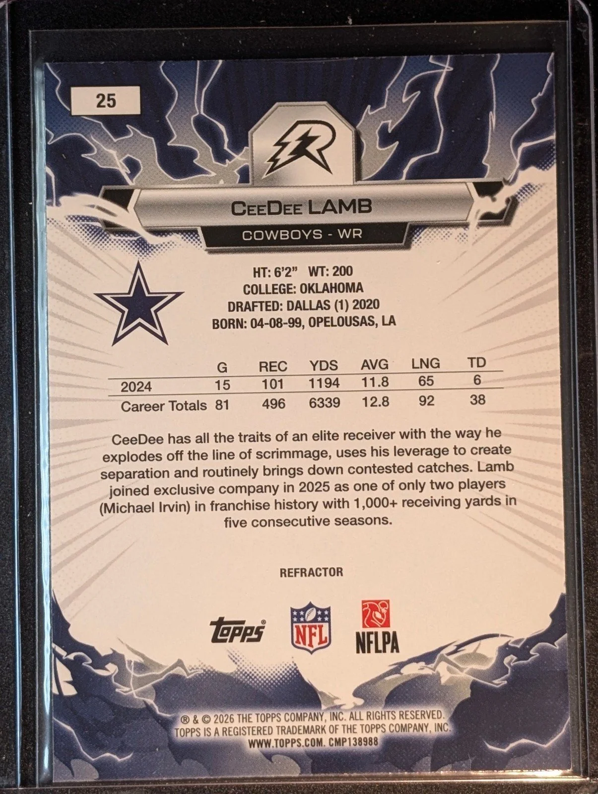 Back of 2025 Topps Resurgence #25 CeeDee Lamb Refractor