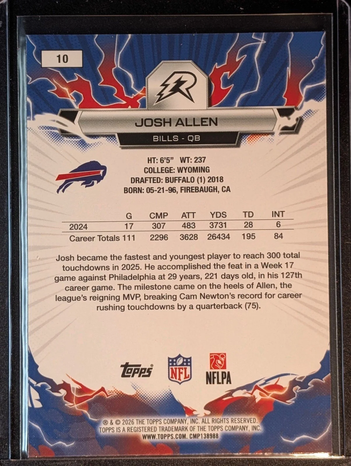 Back of 2025 Topps Resurgence #10 Josh Allen