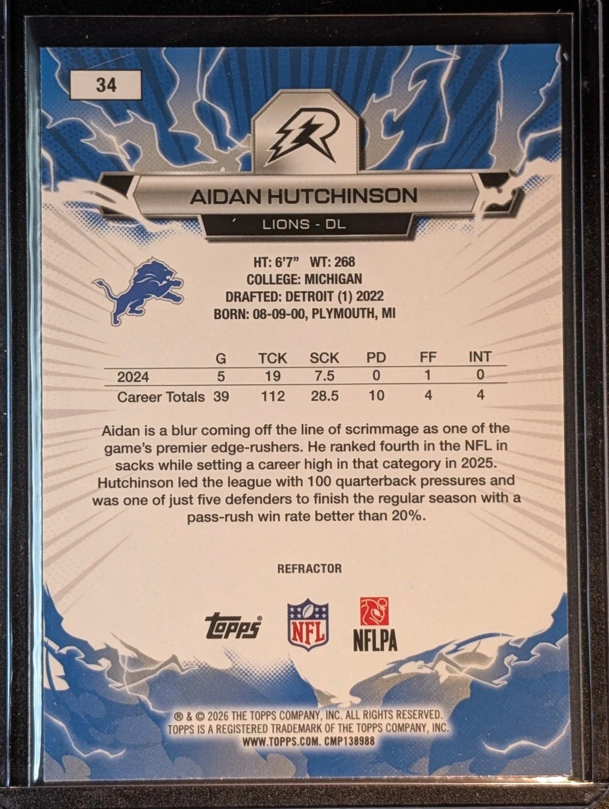 Back of 2025 Topps Resurgence #34 Aidan Hutchinson Refractor