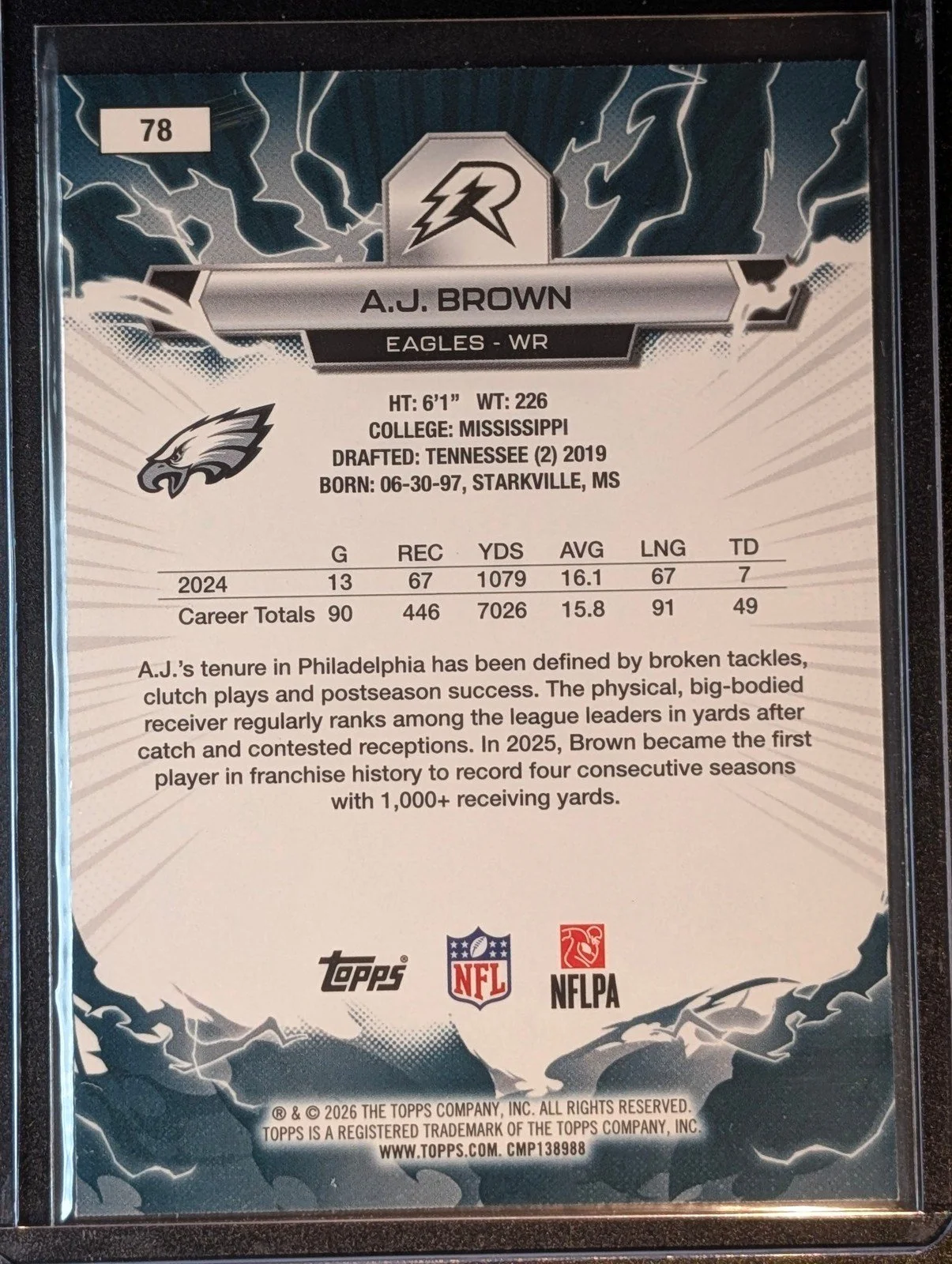 Back of 2025 Topps Resurgence #78 A.J. Brown Blue & Orange Spark Refractor