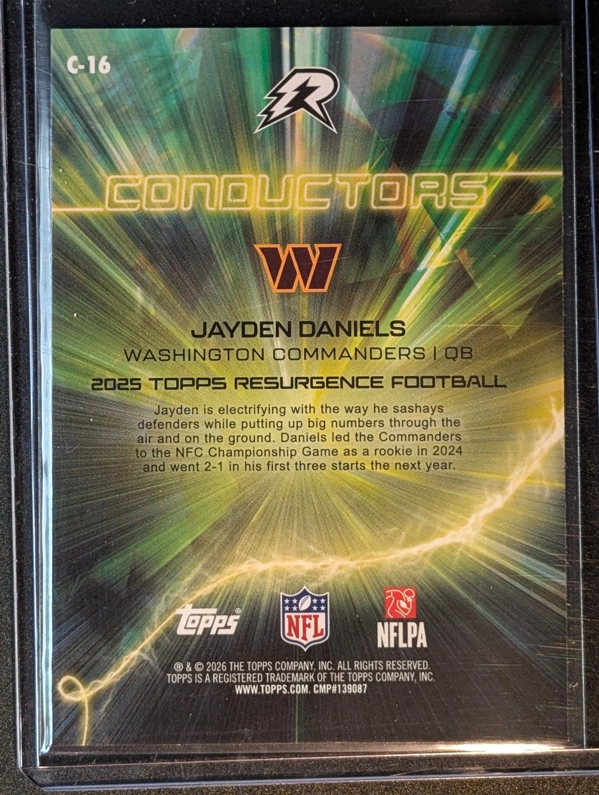 Back of 2025 Topps Resurgence #C-16 Jayden Daniels Conductors
