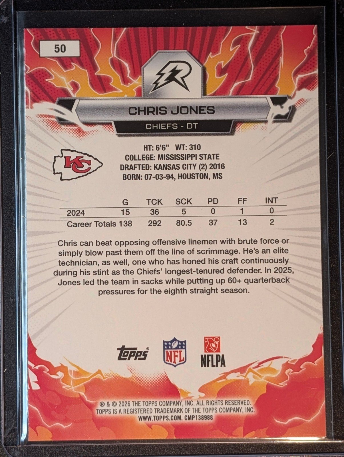 Back of 2025 Topps Resurgence #50 Chris Jones Blue & Orange Spark Refractor
