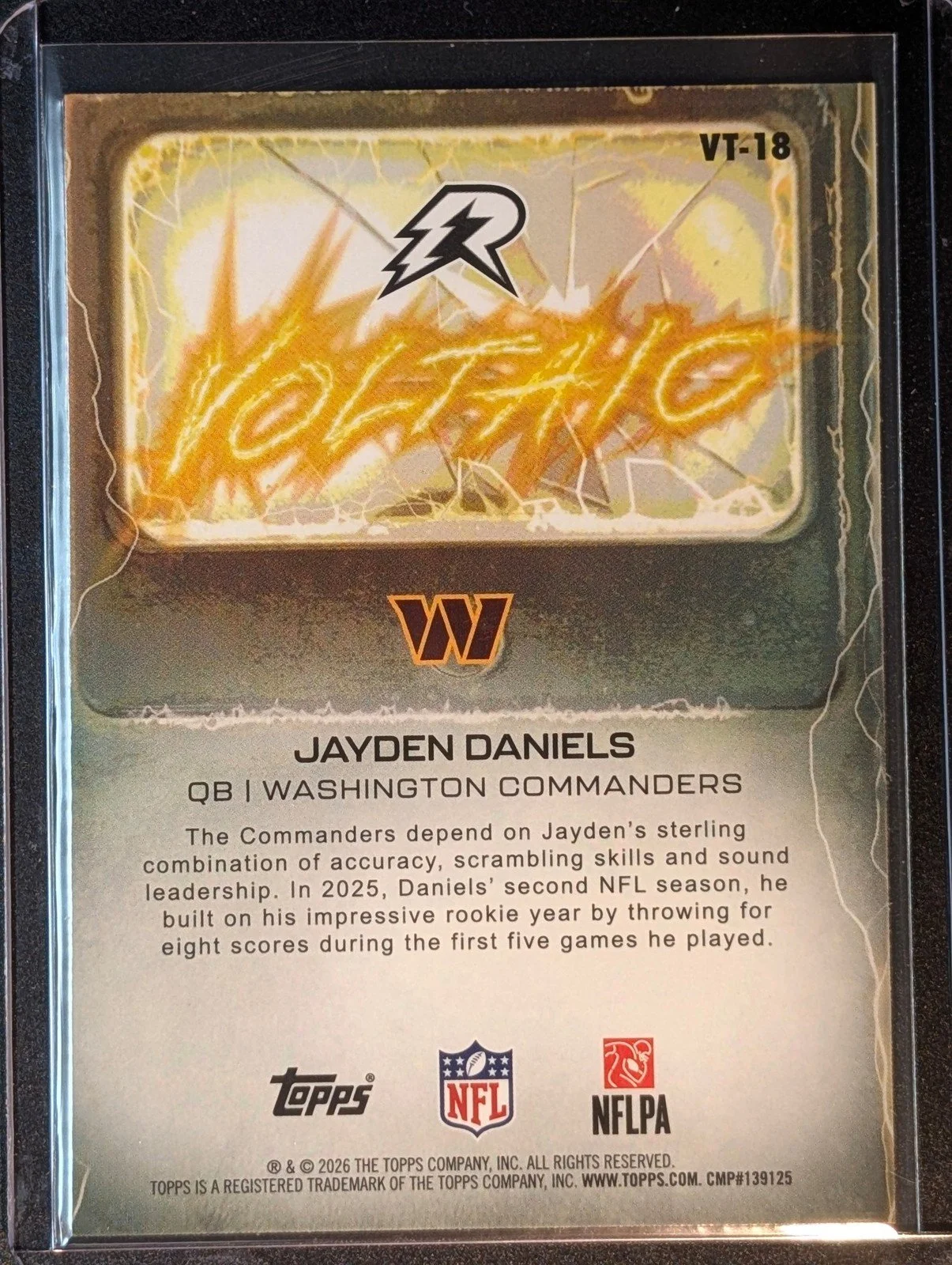 Back of 2025 Topps Resurgence #VT-18 Jayden Daniels Voltaic