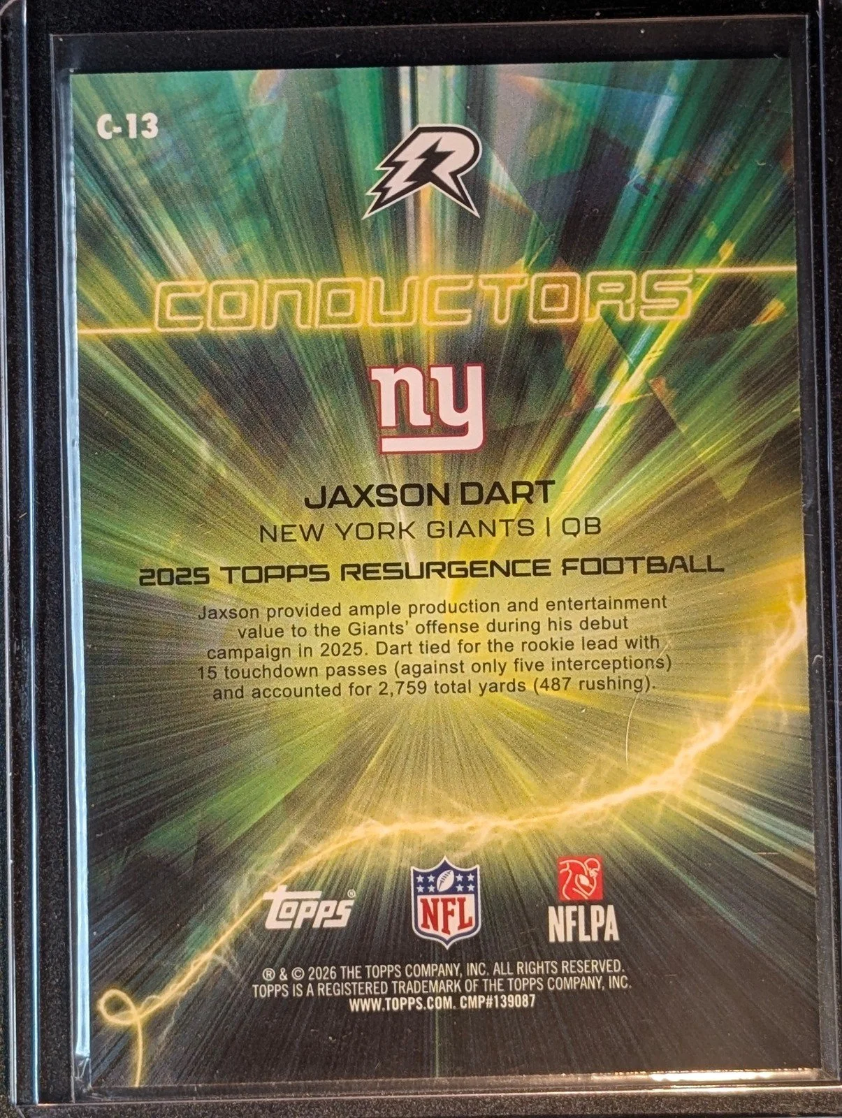 Back of 2025 Topps Resurgence #C-13 Jaxson Dart Conductors Rookie