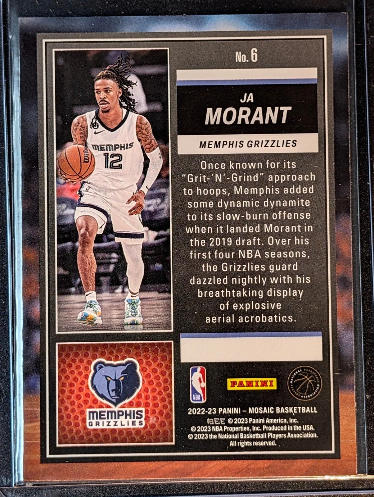 Back of 2022-23 Panini Mosaic #6 Ja Morant Jam Masters