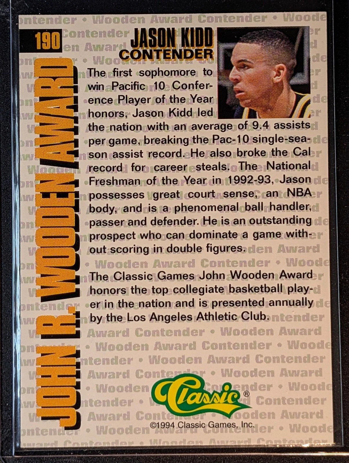 Back of 1994 Classic Four Sport #190 Jason Kidd Gold