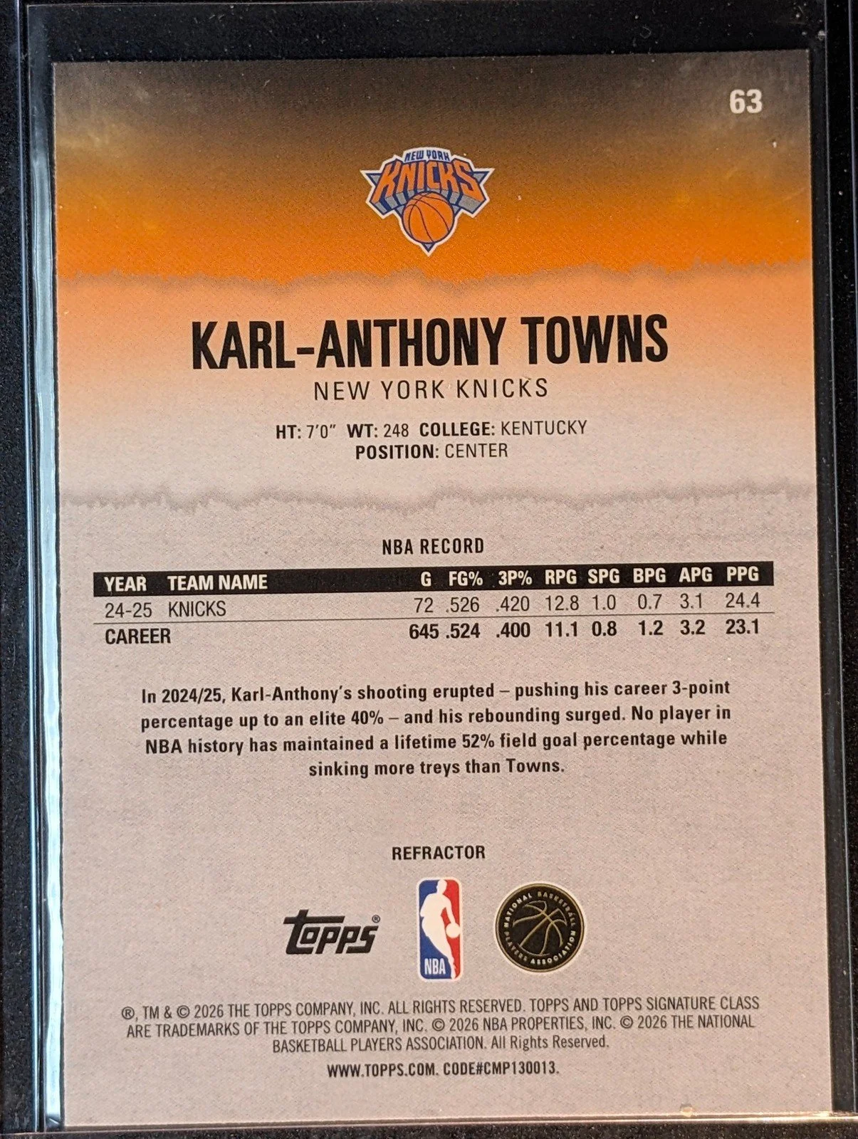 Back of 2025-26 Topps Signature Class #63 Karl-Anthony Towns Chrome Refractors