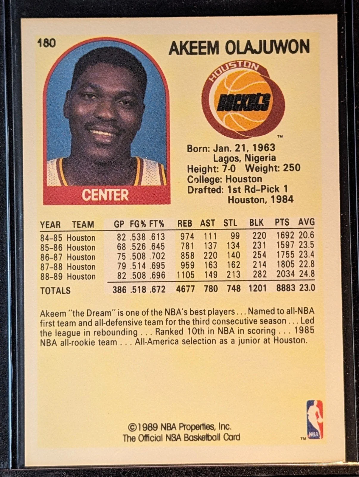 Back of 1989-90 Hoops #180 Akeem Olajuwon
