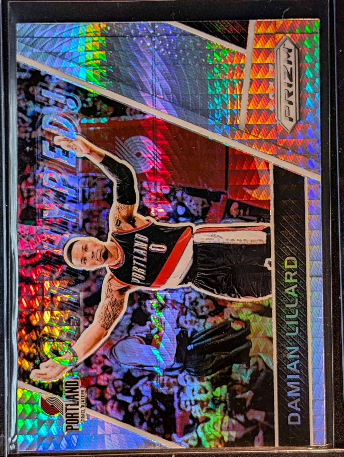 Front of 2017-18 Panini Prizm #GH-DL Damian Lillard Get Hyped! Prizms Hyper