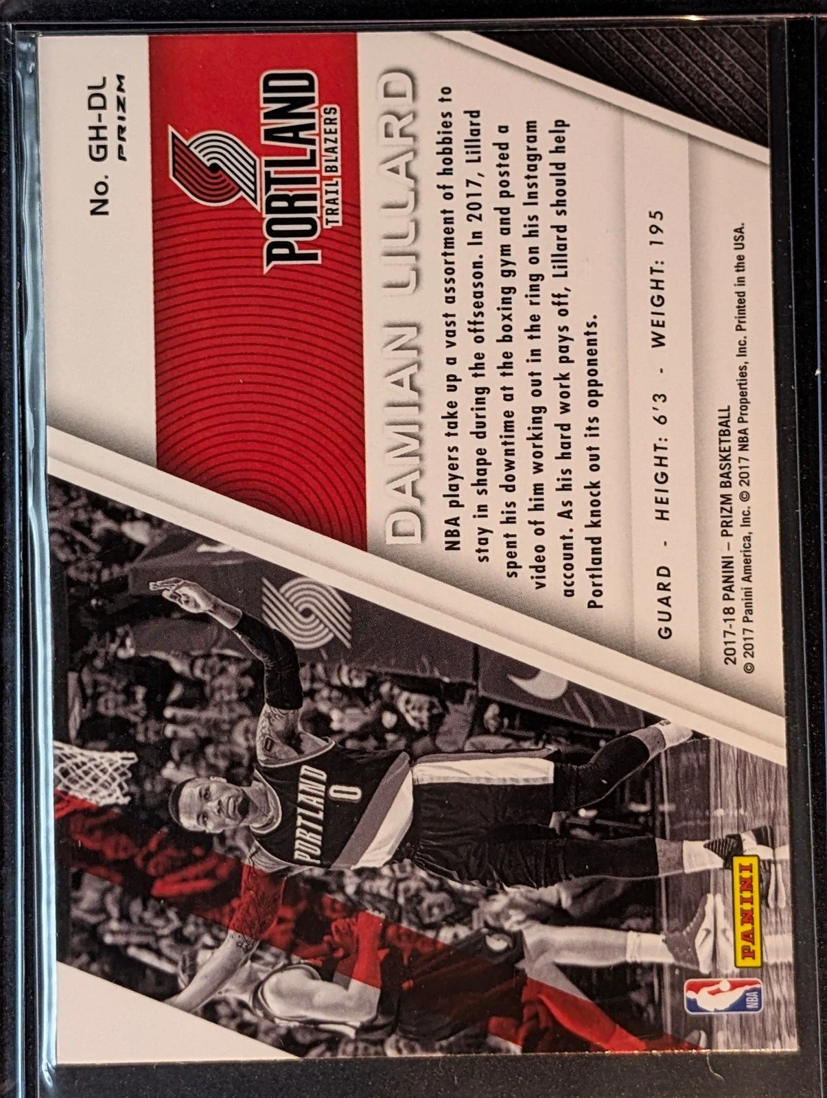 Back of 2017-18 Panini Prizm #GH-DL Damian Lillard Get Hyped! Prizms Hyper