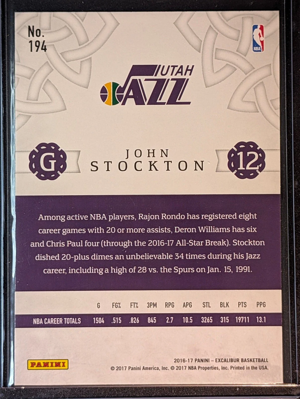 Back of 2016-17 Panini Excalibur #194 John Stockton
