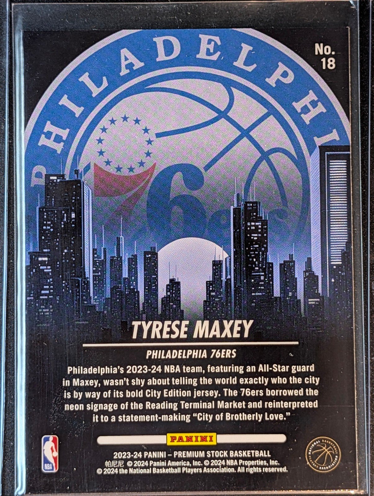 Back of 2023-24 Hoops Premium Stock #18 Tyrese Maxey City Edition