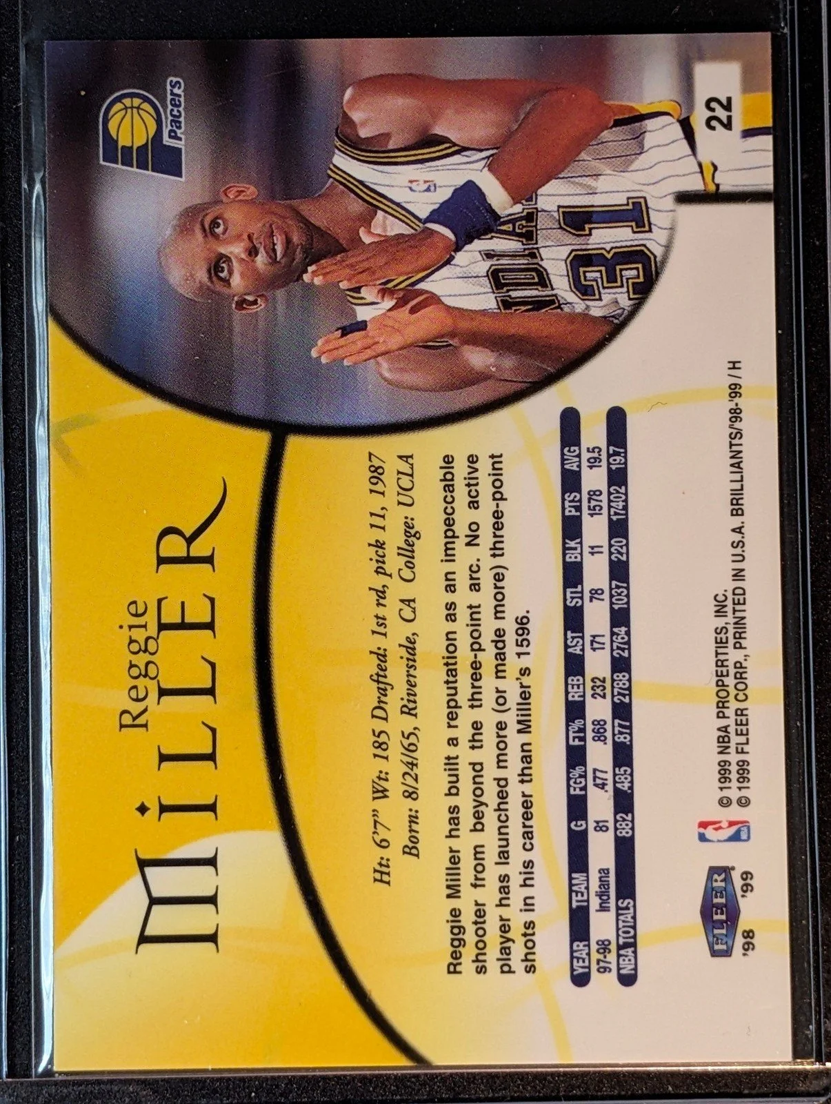 Back of 1998-99 Fleer Brilliants #22 Reggie Miller