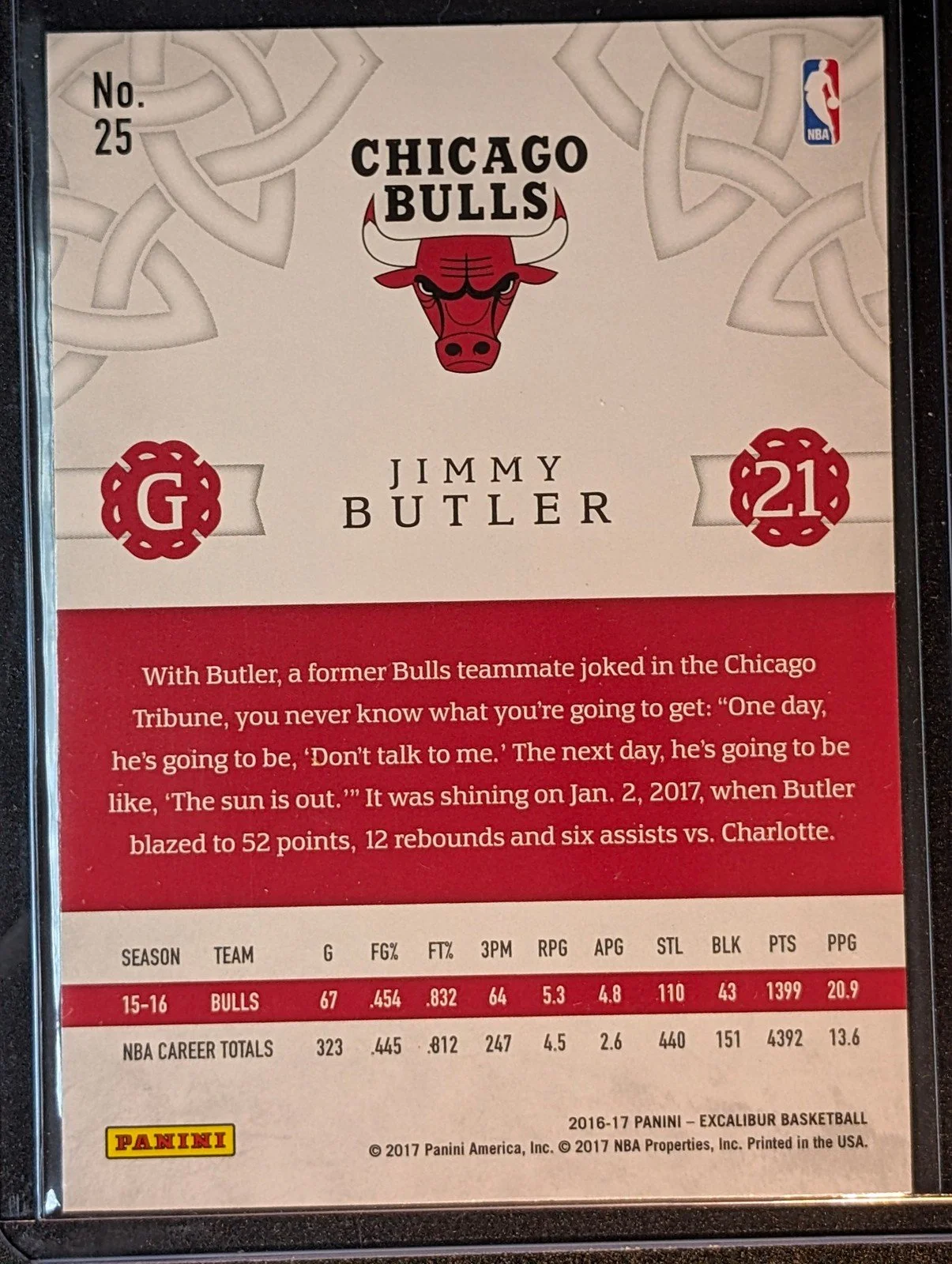 Back of 2016-17 Panini Excalibur #25 Jimmy Butler