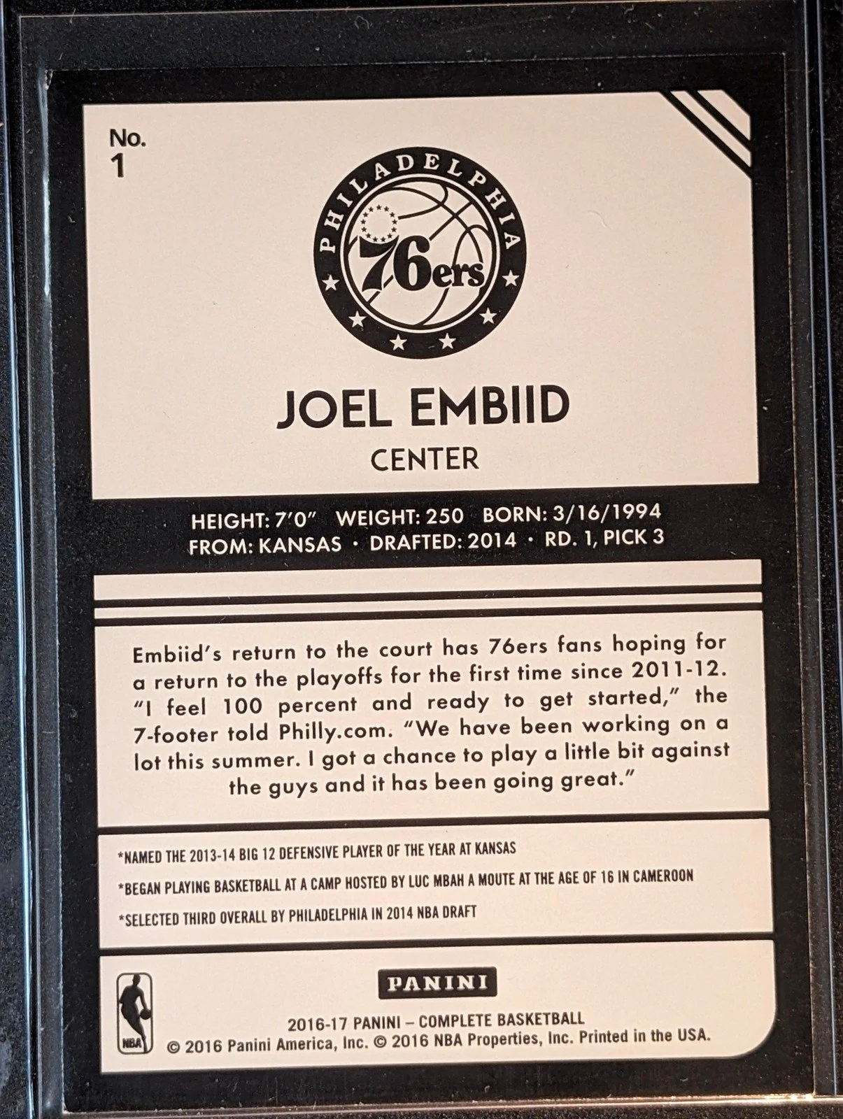 Back of 2016-17 Panini Complete #1 Joel Embiid Silver