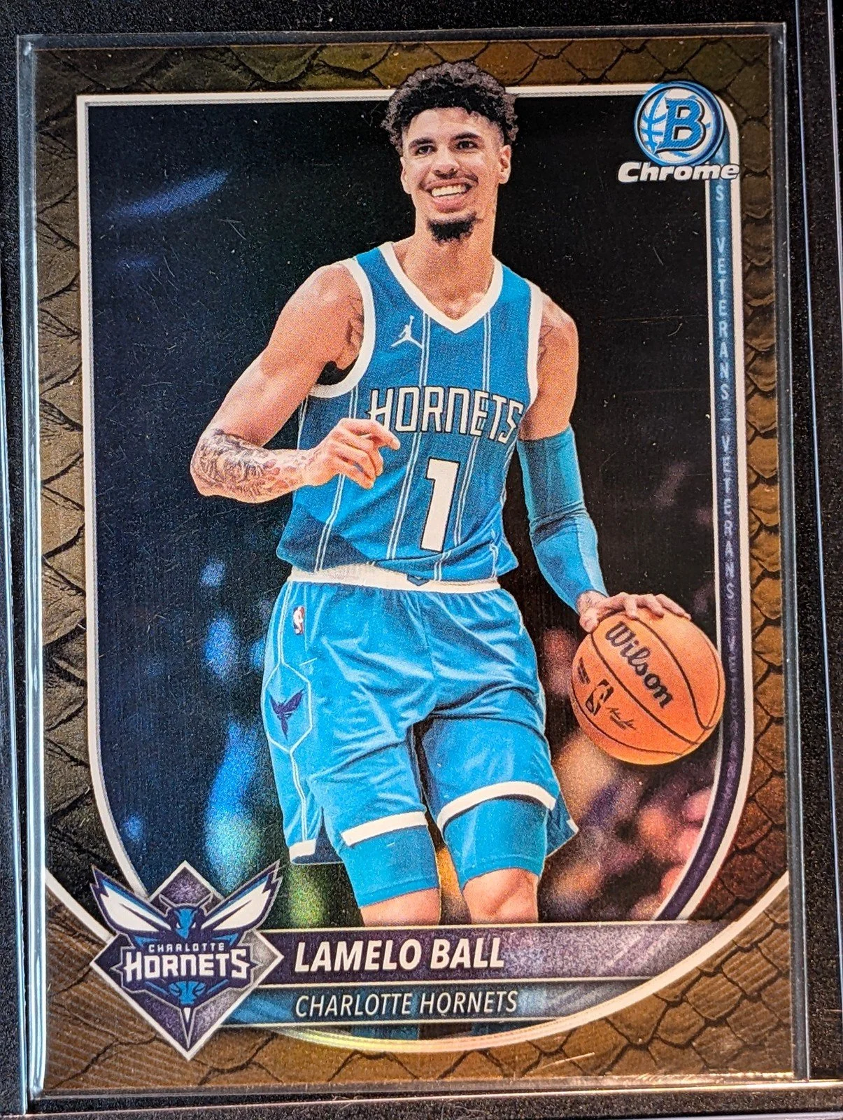 Front of 2025-26 Bowman #BCV-86 LaMelo Ball Chrome Reptilian Refractors