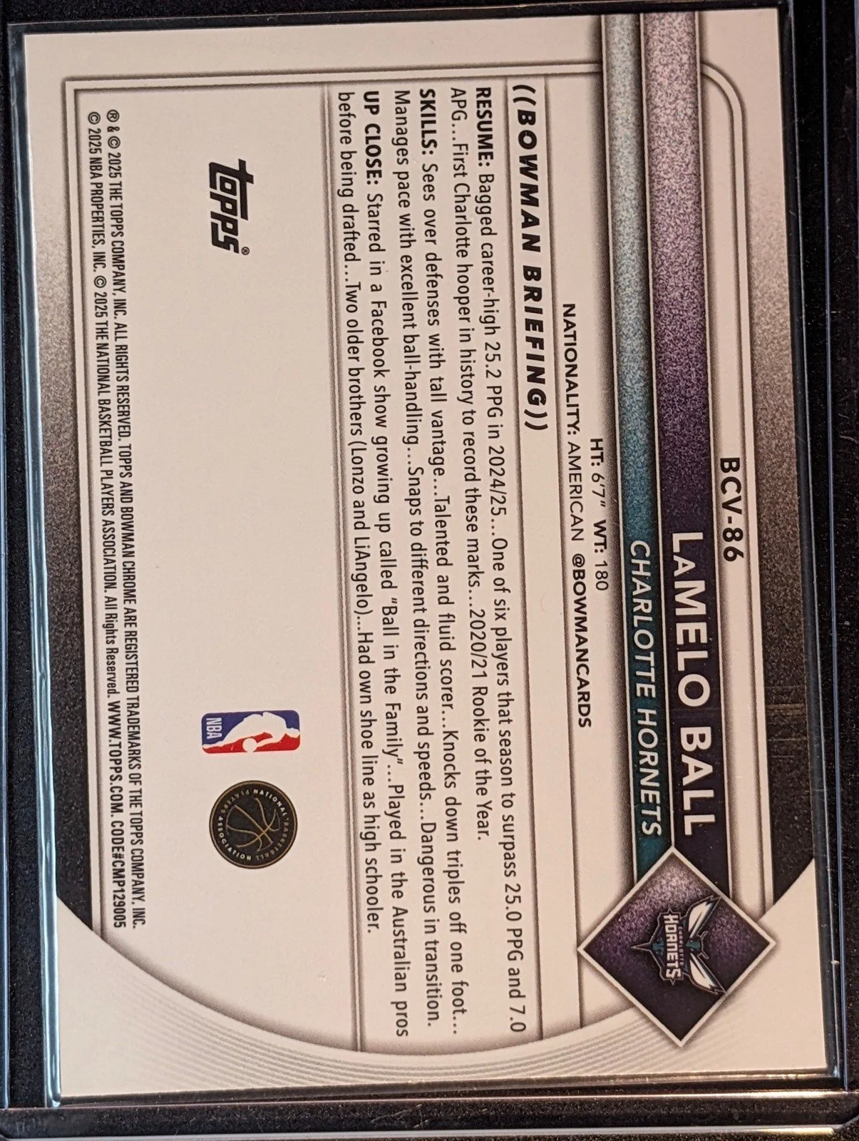 Back of 2025-26 Bowman #BCV-86 LaMelo Ball Chrome Reptilian Refractors