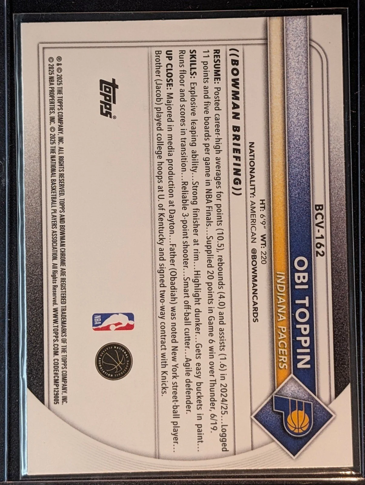 Back of 2025-26 Bowman #BCV-162 Obi Toppin Chrome