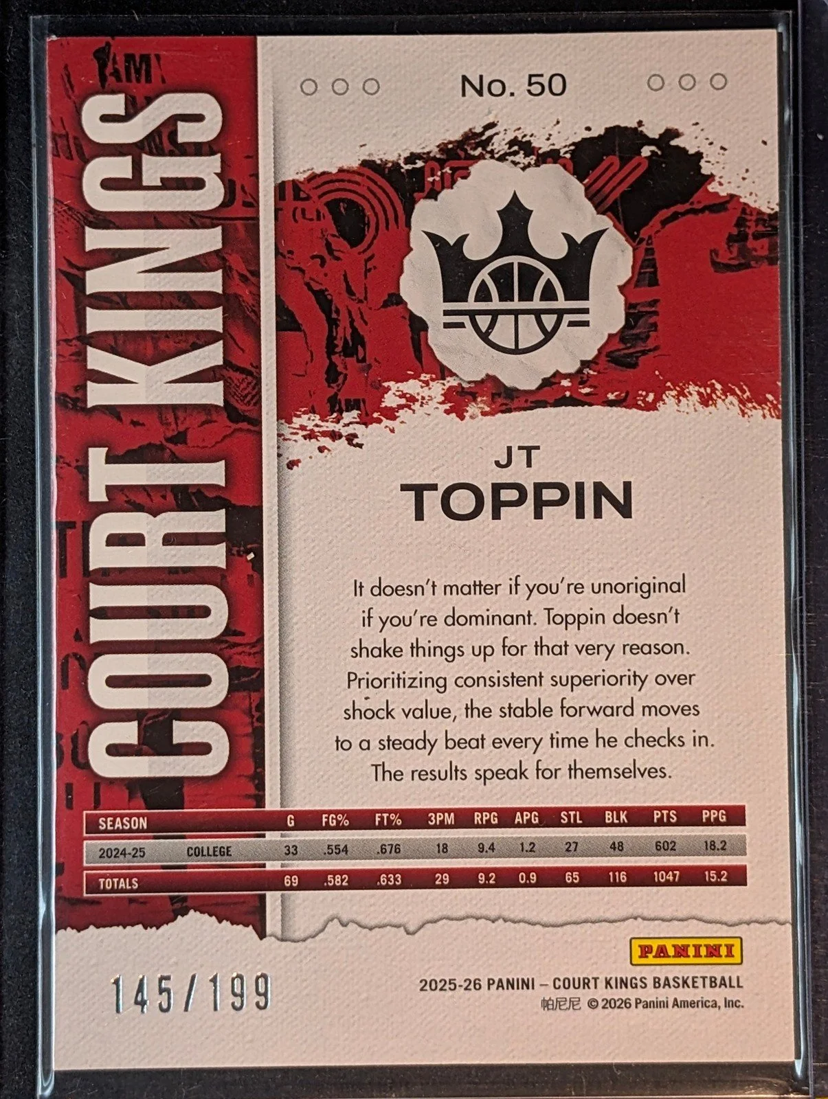 Back of 2025-26 Panini Court Kings /199 #50 JT Toppin