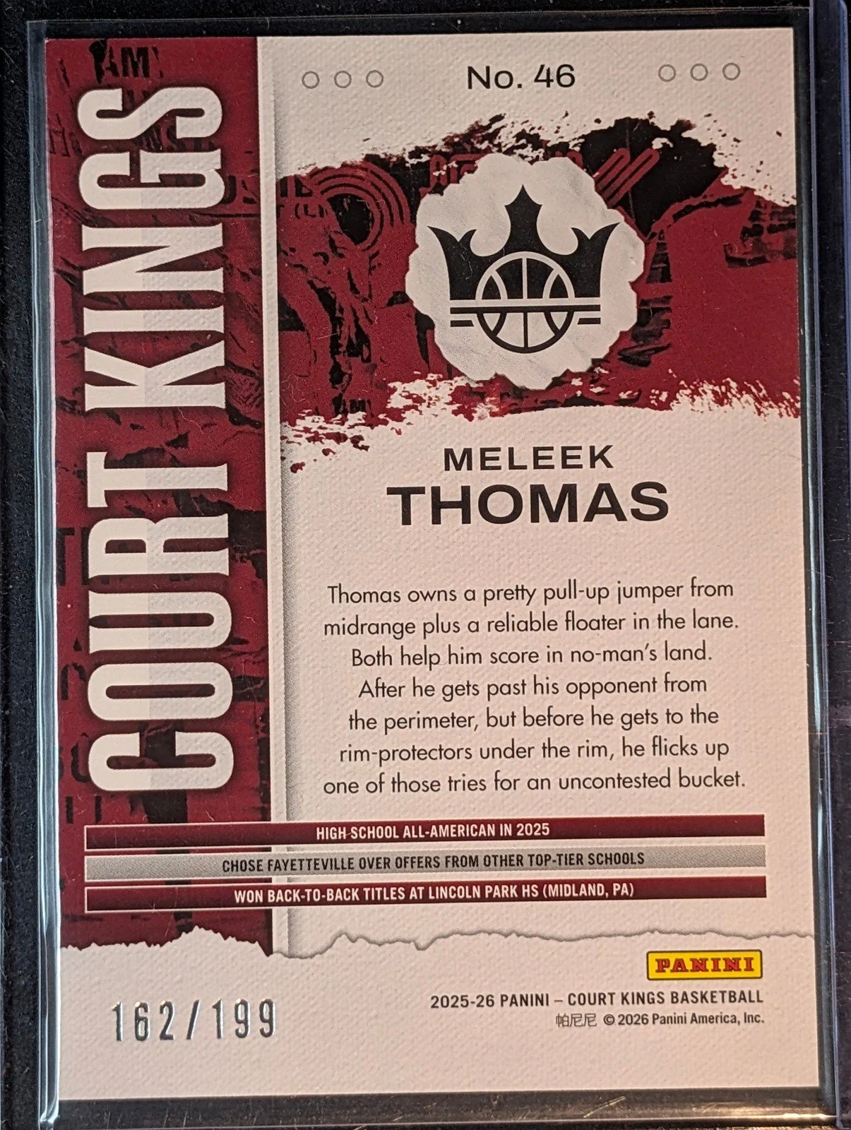 Back of 2025-26 Panini Court Kings #46 Meleek Thomas #/199