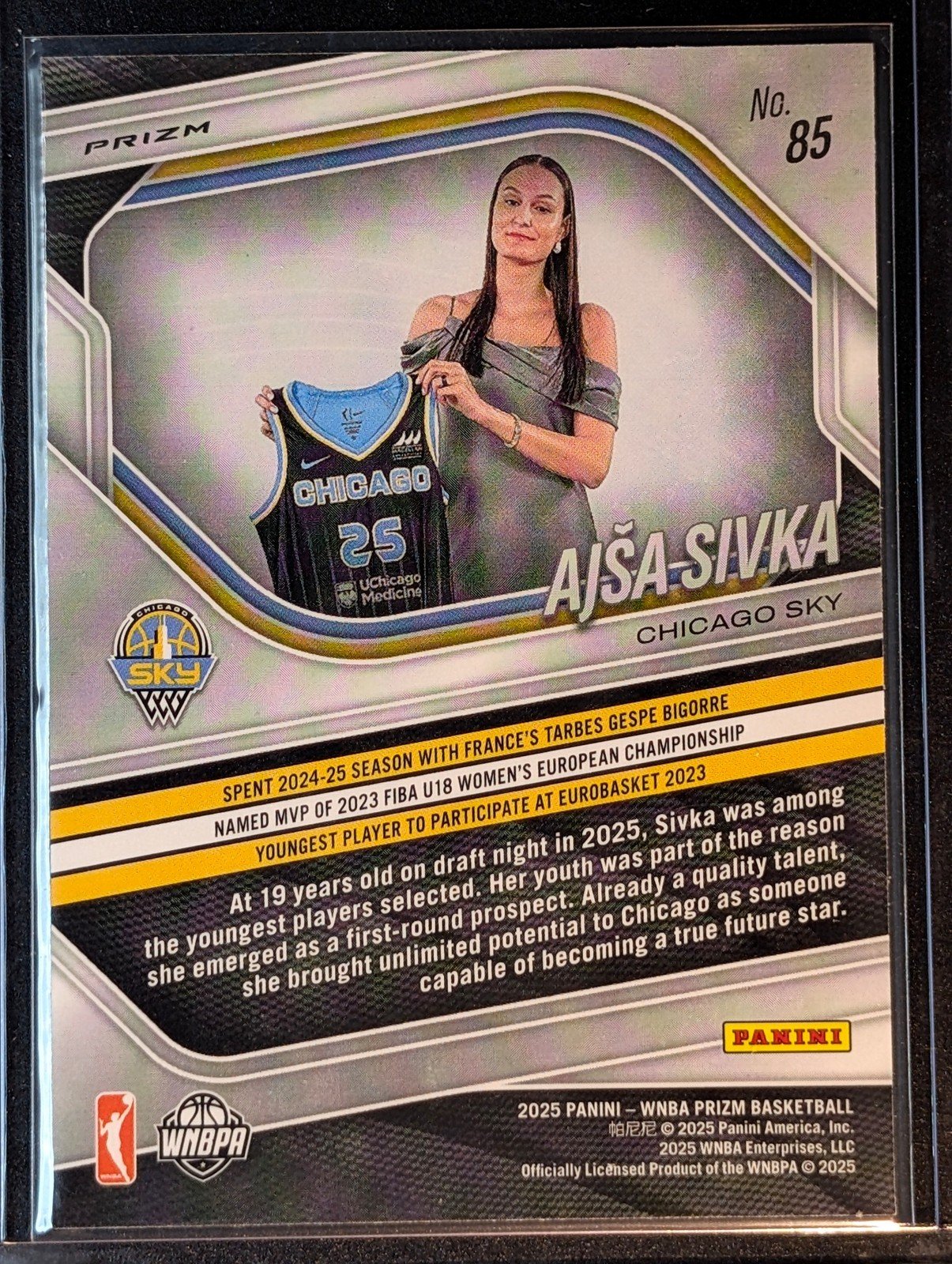 Back of 2025 Panini Prizm WNBA #85 Ajsa Sivka Silver Prizm Rookie