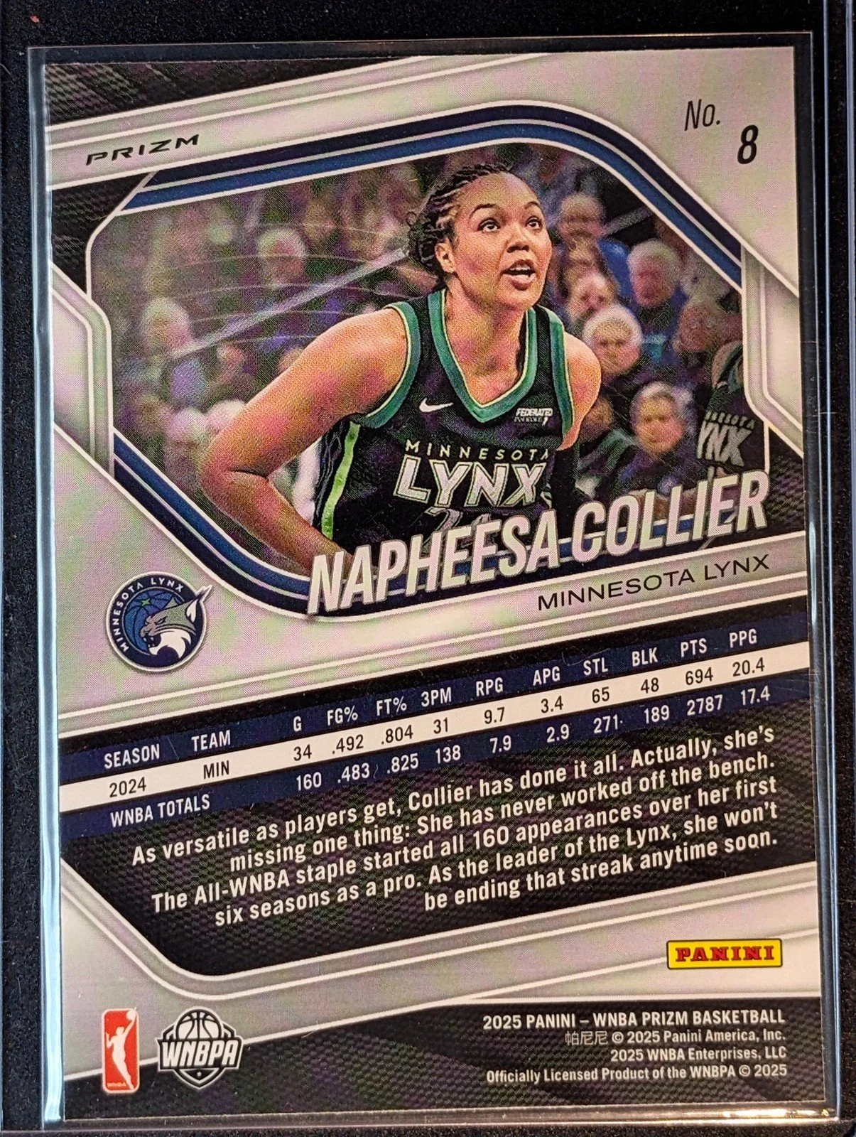Back of 2025 Panini Prizm WNBA #8 Napheesa Collier Silver Prizms