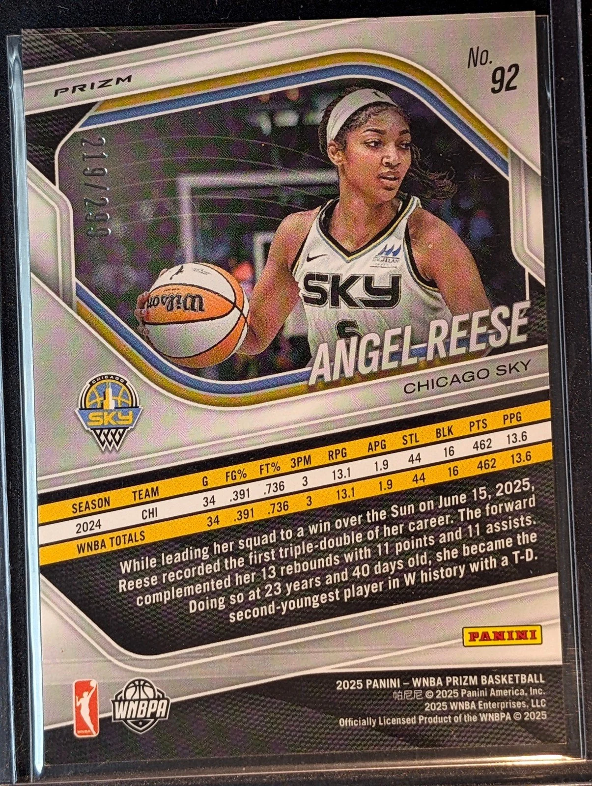 Back of 2025 Panini Prizm WNBA #92 Angel Reese Red Prizms #/299