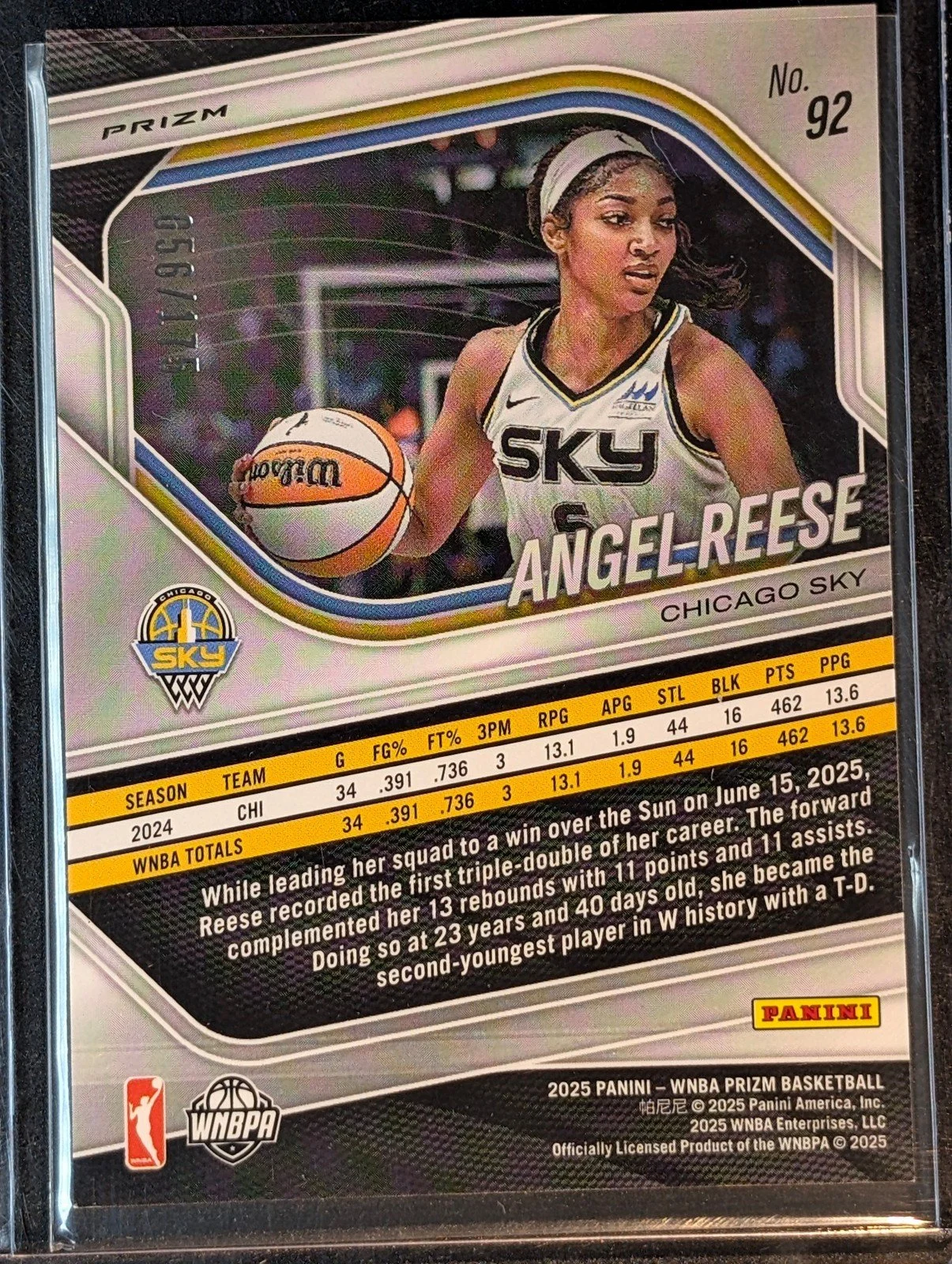 Back of 2025 Panini Prizm WNBA /175 #92 Angel Reese Pink Prizm