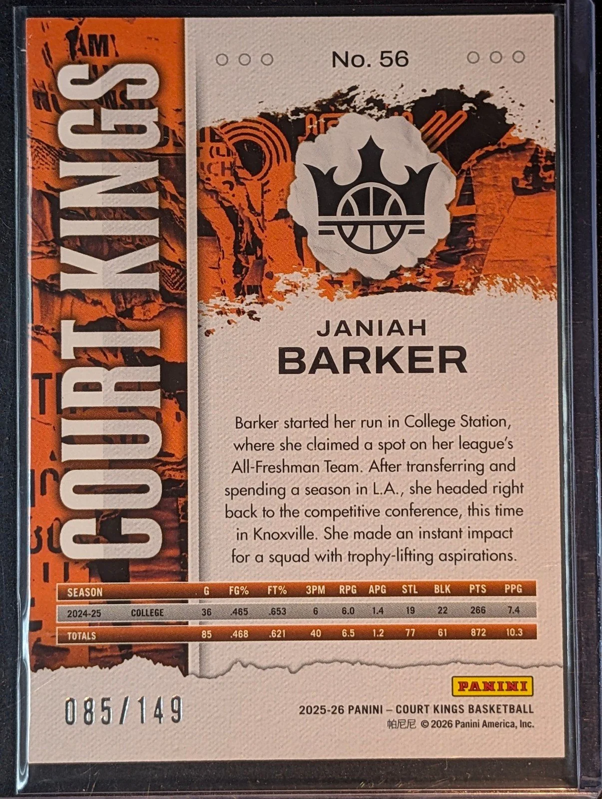 Back of 2025-26 Panini Court Kings /149 Janiah Barker #56