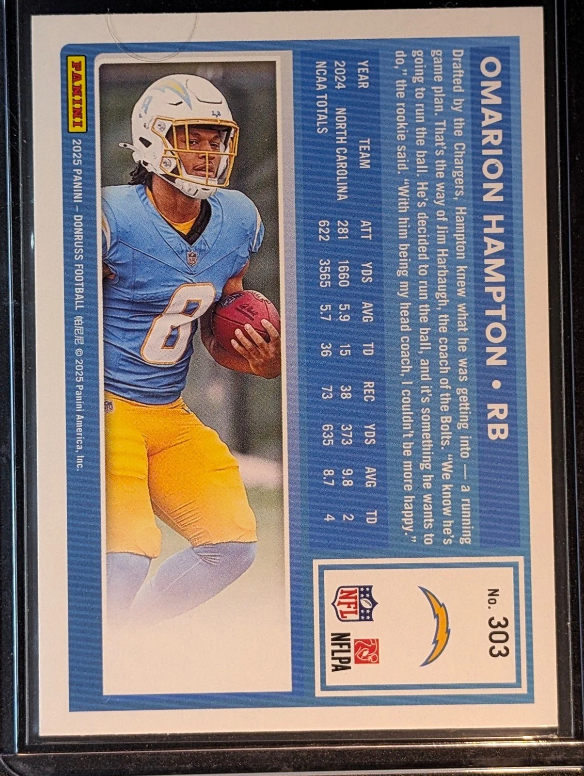 Back of 2025 Donruss #303 Omarion Hampton