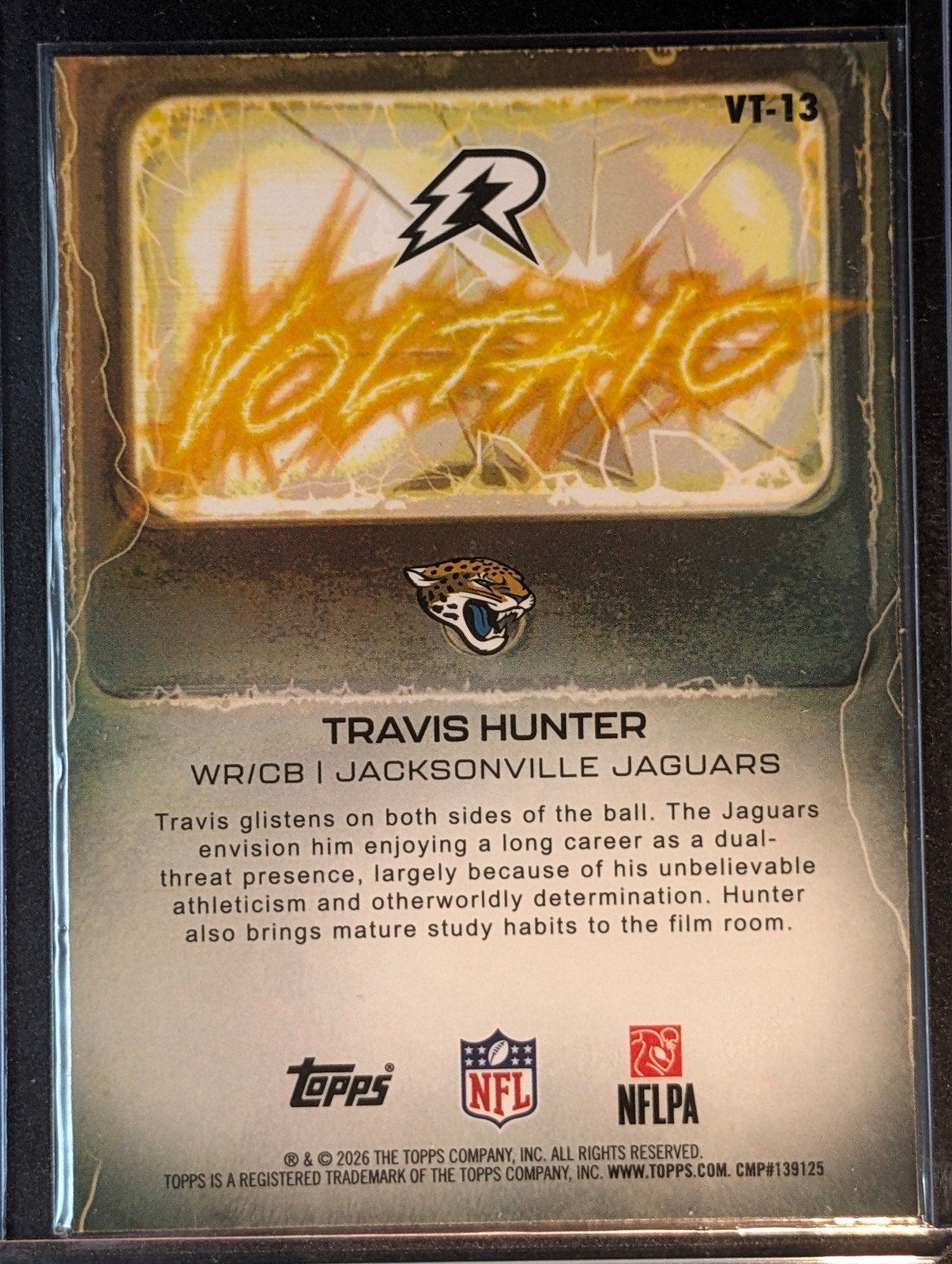 Back of 2025 Topps Resurgence /250 #VT-13 Travis Hunter Voltaic Aqua Surge Refractor