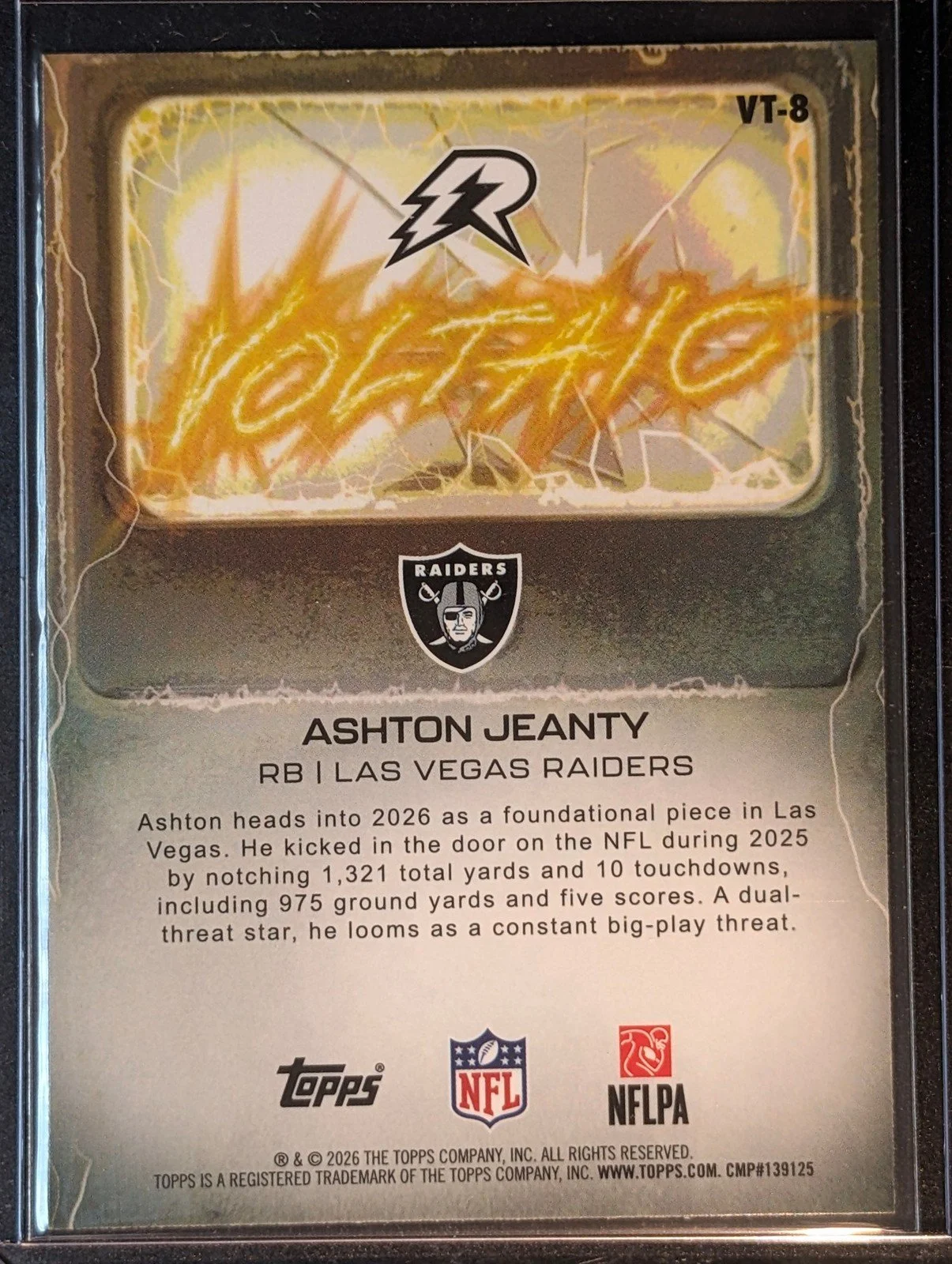 Back of 2025 Topps Resurgence #VT-8 Ashton Jeanty Voltaic RC
