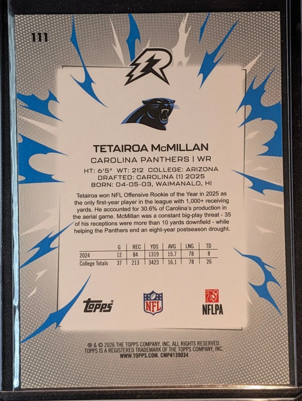 Back of 2025 Topps Resurgence #111 Tetairoa McMillan Blue & Orange Spark Refractor RC