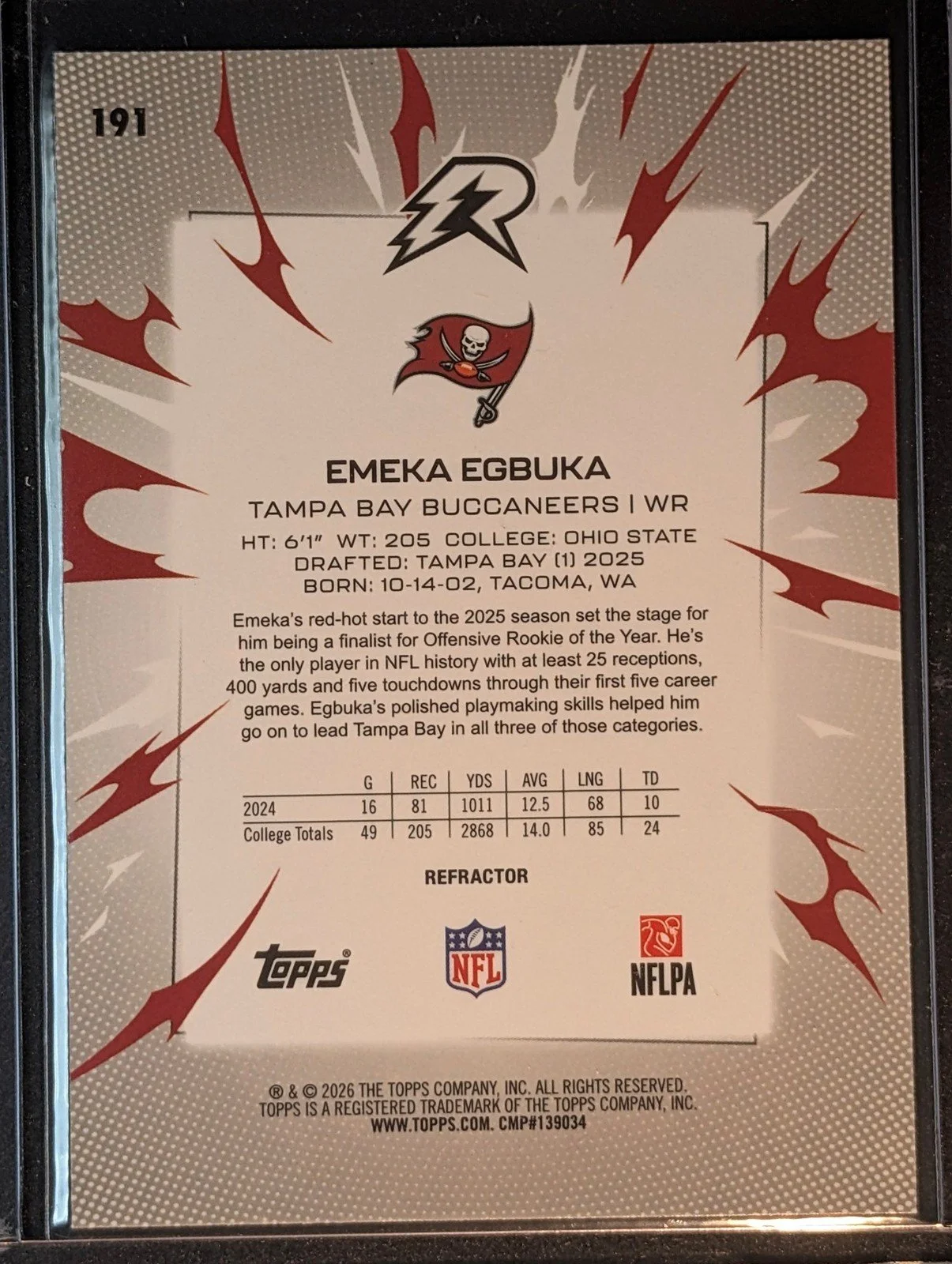 Back of 2025 Topps Resurgence #191 Emeka Egbuka Refractor Rookie