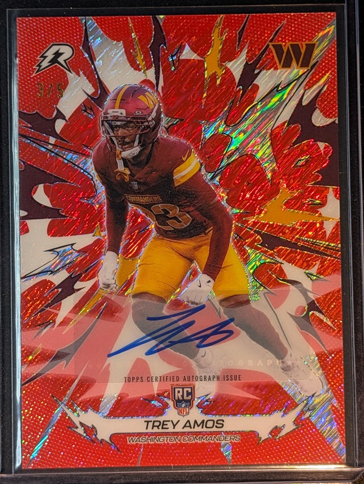 Front of 2025 Topps Resurgence /5 Trey Amos Signatures Red Power Surge Refractor RC