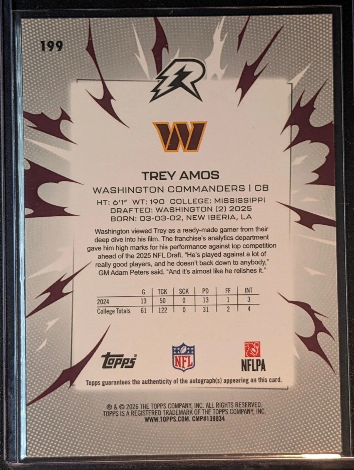 Back of 2025 Topps Resurgence /5 Trey Amos Signatures Red Power Surge Refractor RC
