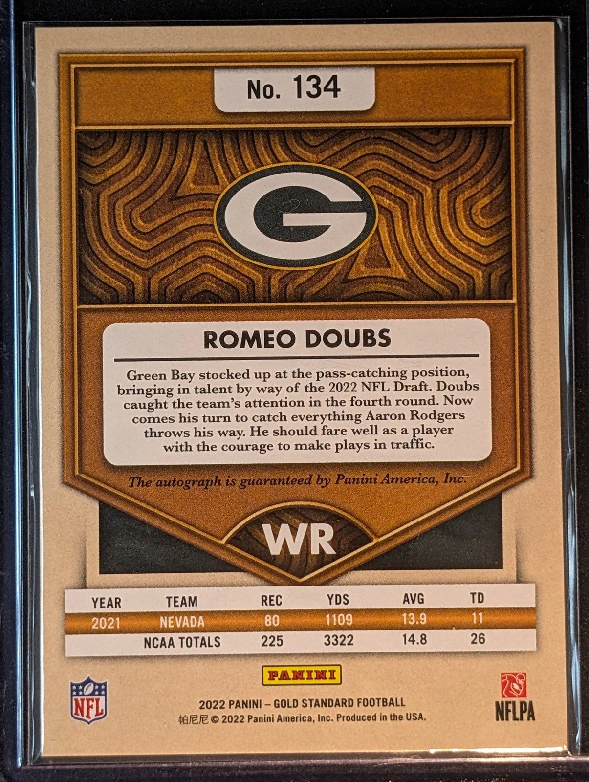 Back of 2022 Panini Gold Standard /199 #134 Romeo Doubs Rookies Autographs