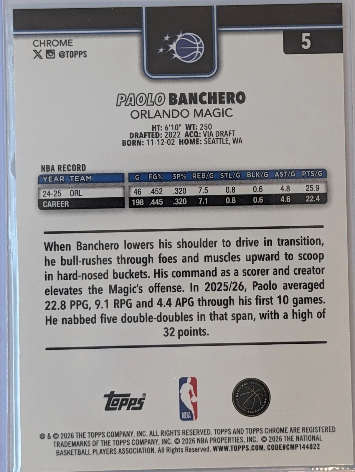 Back of 2025-26 Topps Chrome Update /275 Paolo Banchero Yellow Refractor #5