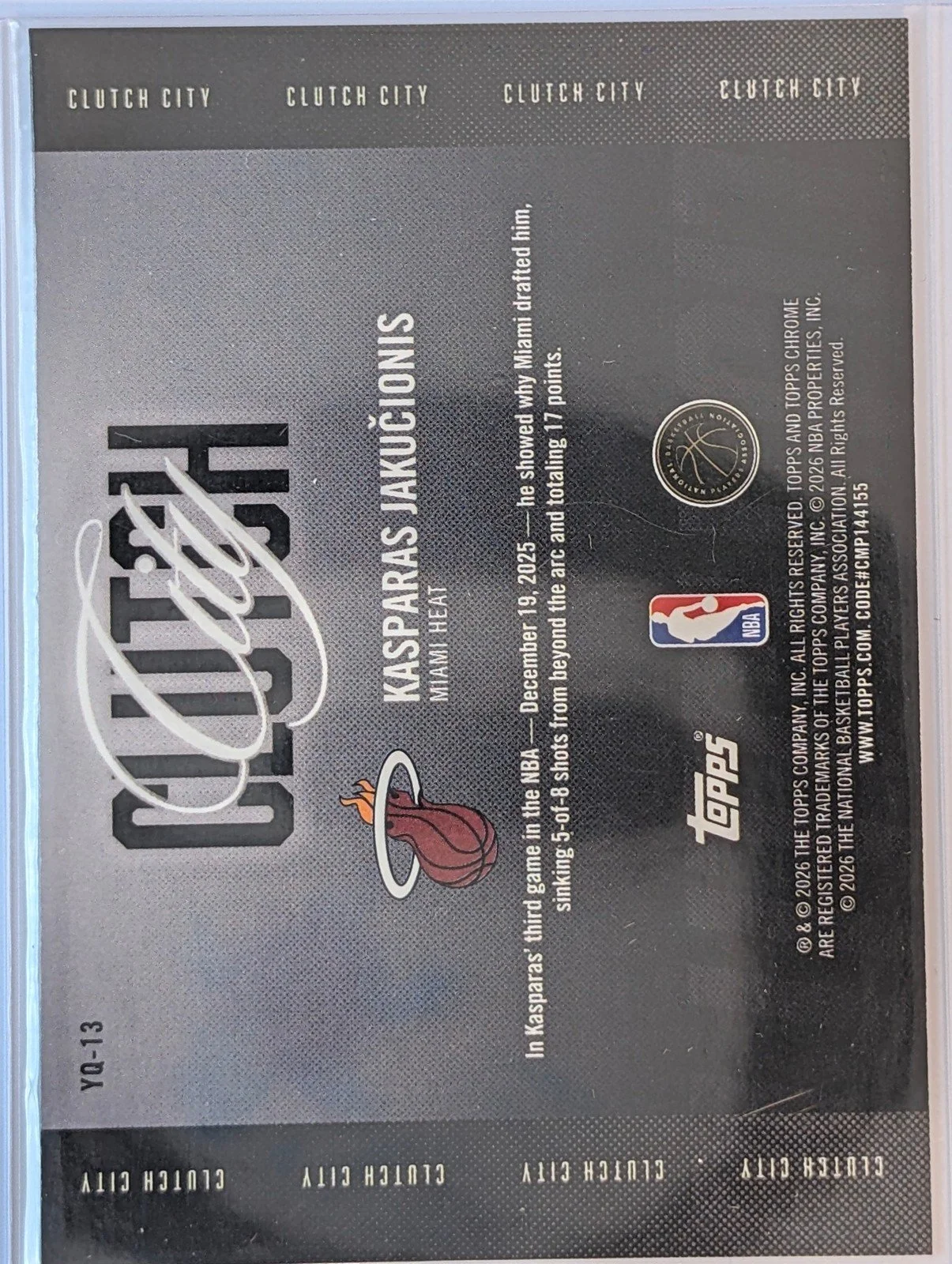 Back of 2025-26 Topps Chrome Update #YQ-13 Kasparas Jakučionis Clutch City