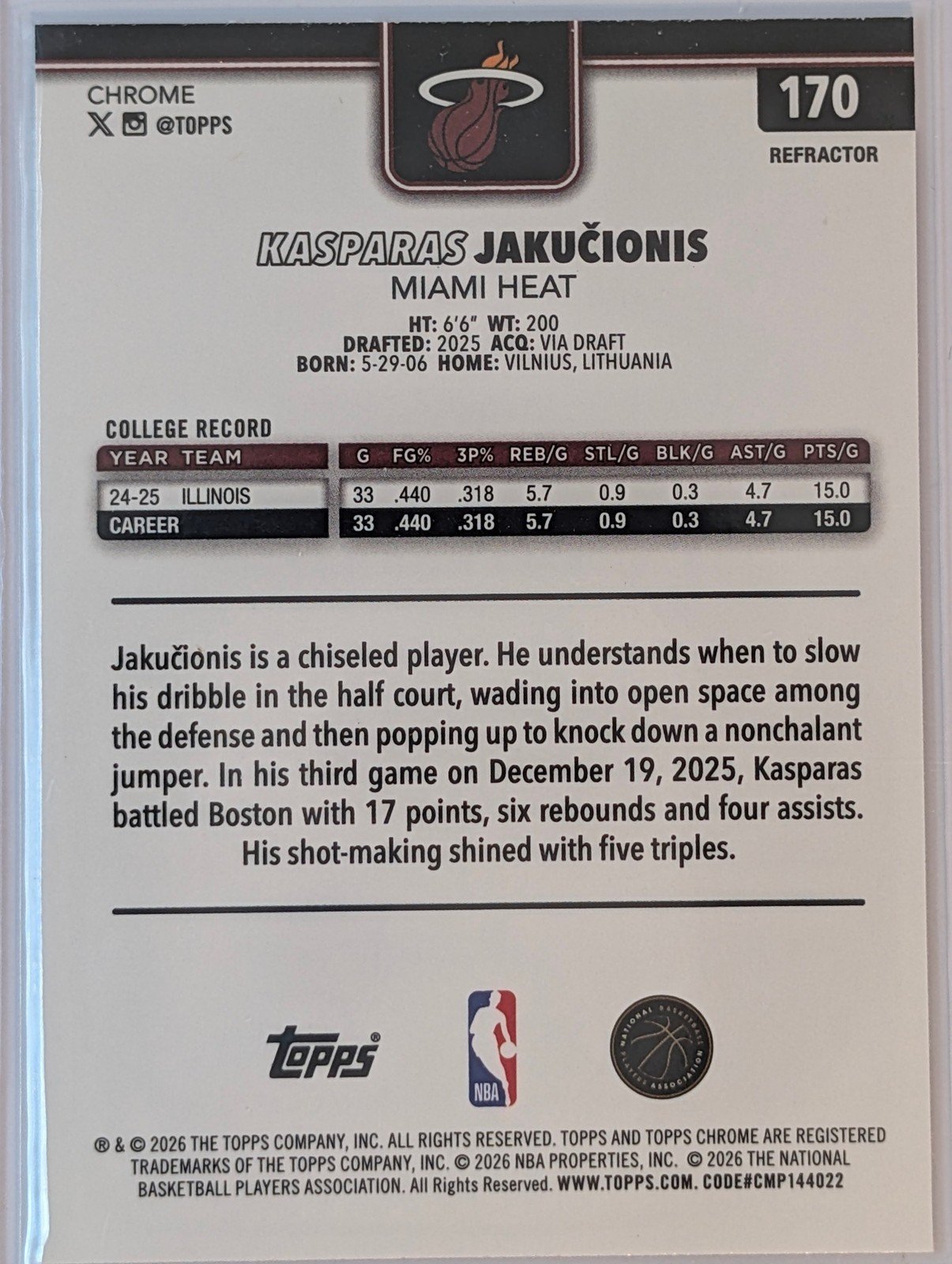 Back of 2025-26 Topps Chrome Update #170 Kasparas Jakučionis Refractor