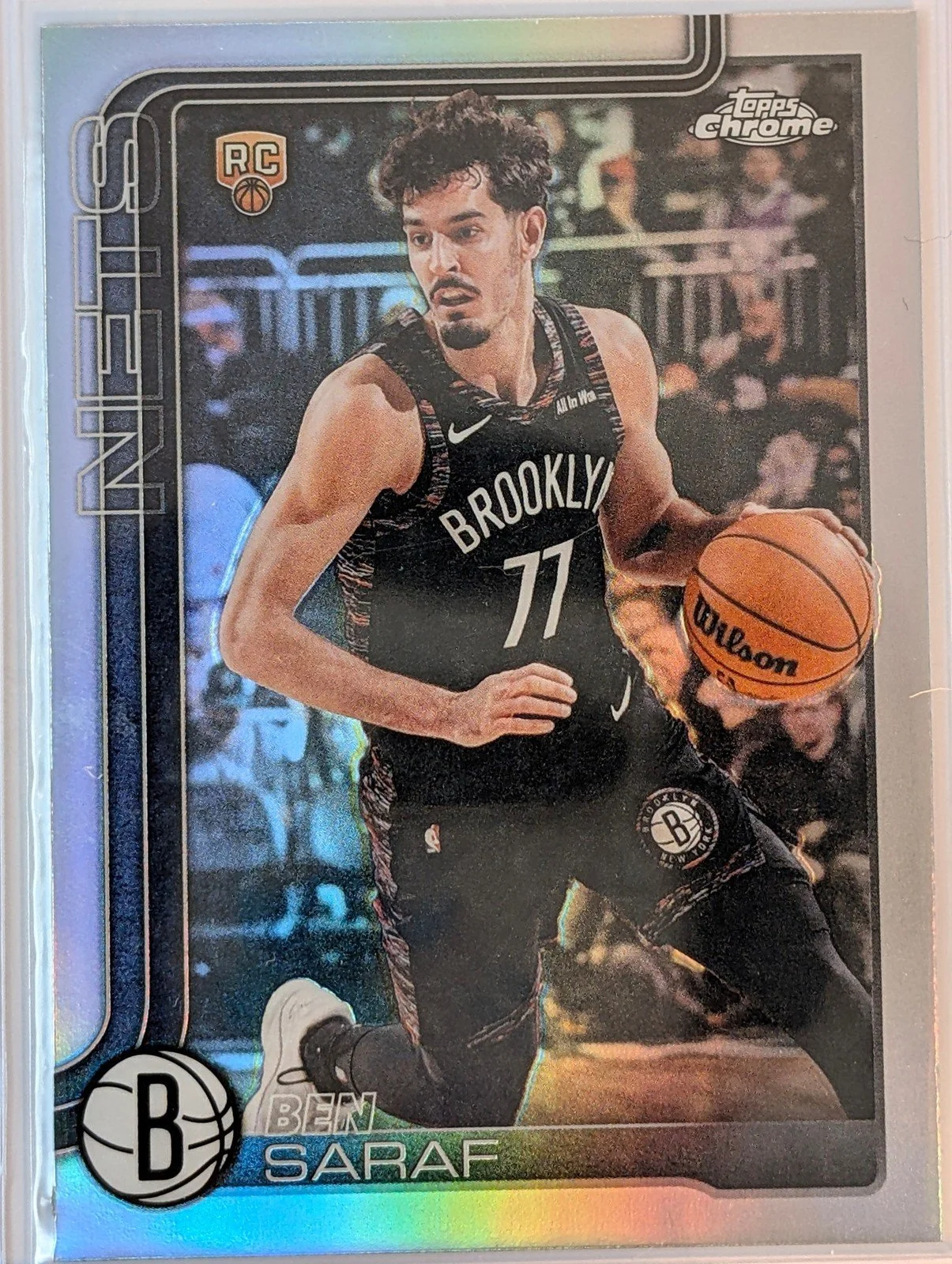 Front of 2025-26 Topps Chrome Update #176 Ben Saraf Refractor