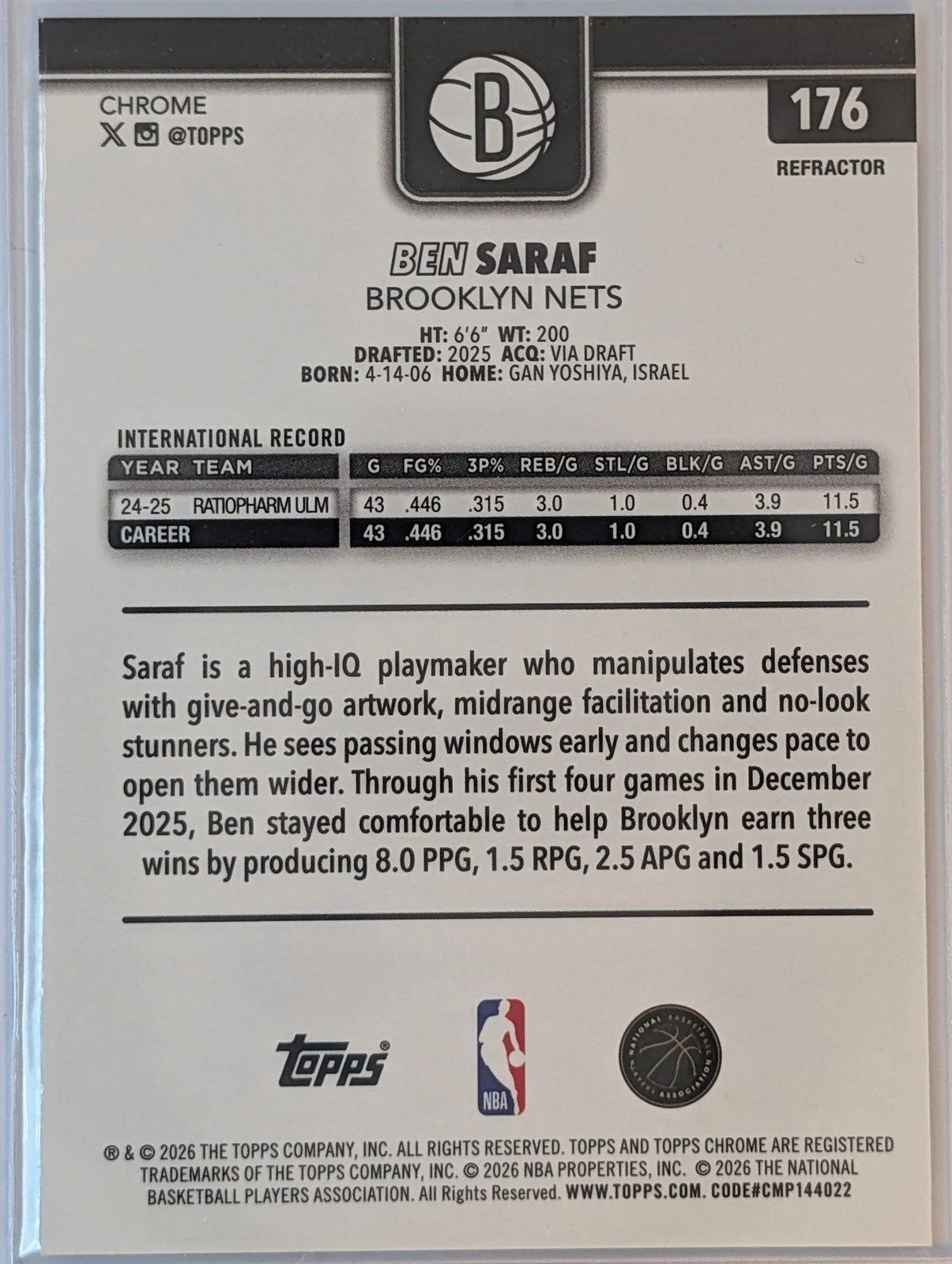 Back of 2025-26 Topps Chrome Update #176 Ben Saraf Refractor