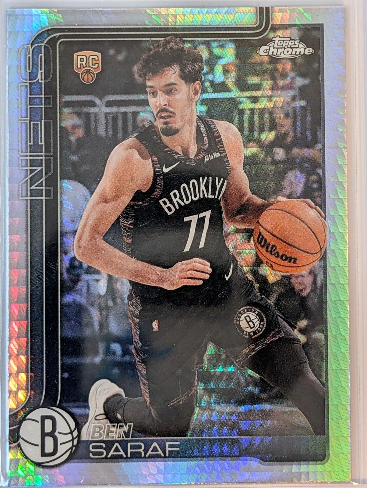 Front of 2025-26 Topps Chrome Update #176 Ben Saraf Prism Refractor