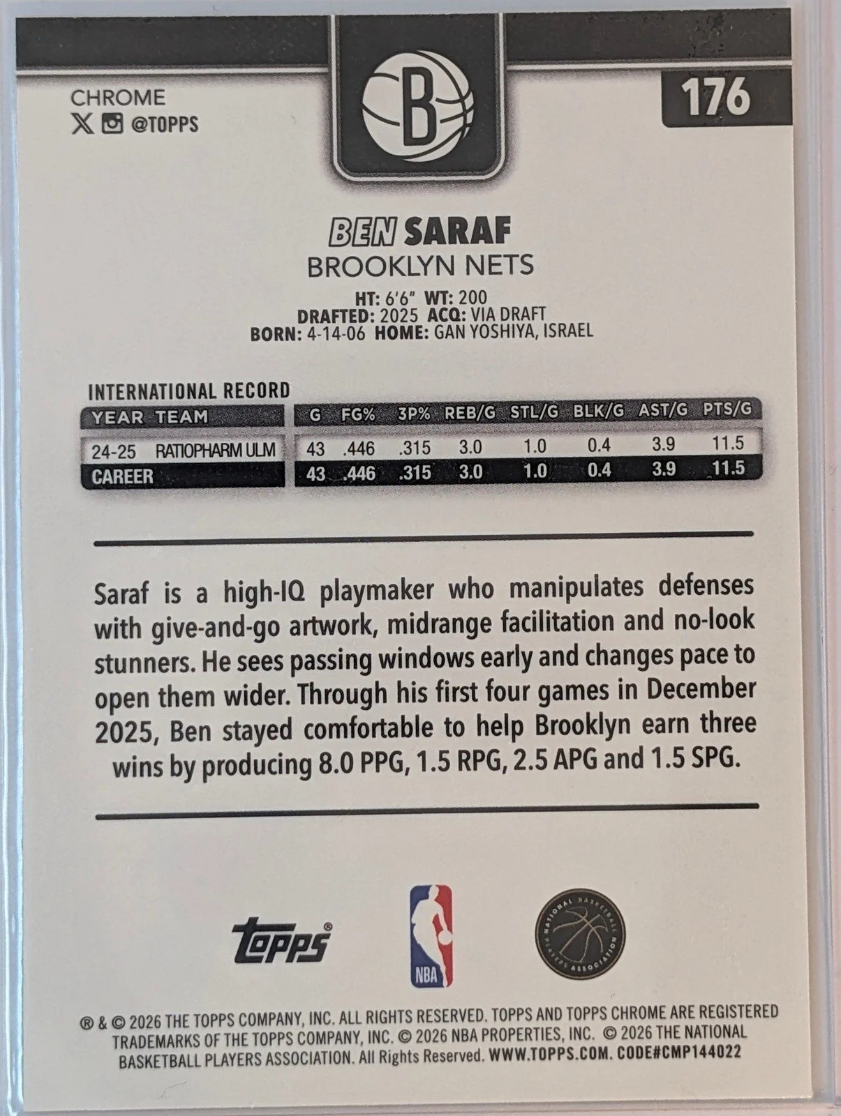Back of 2025-26 Topps Chrome Update #176 Ben Saraf Prism Refractor