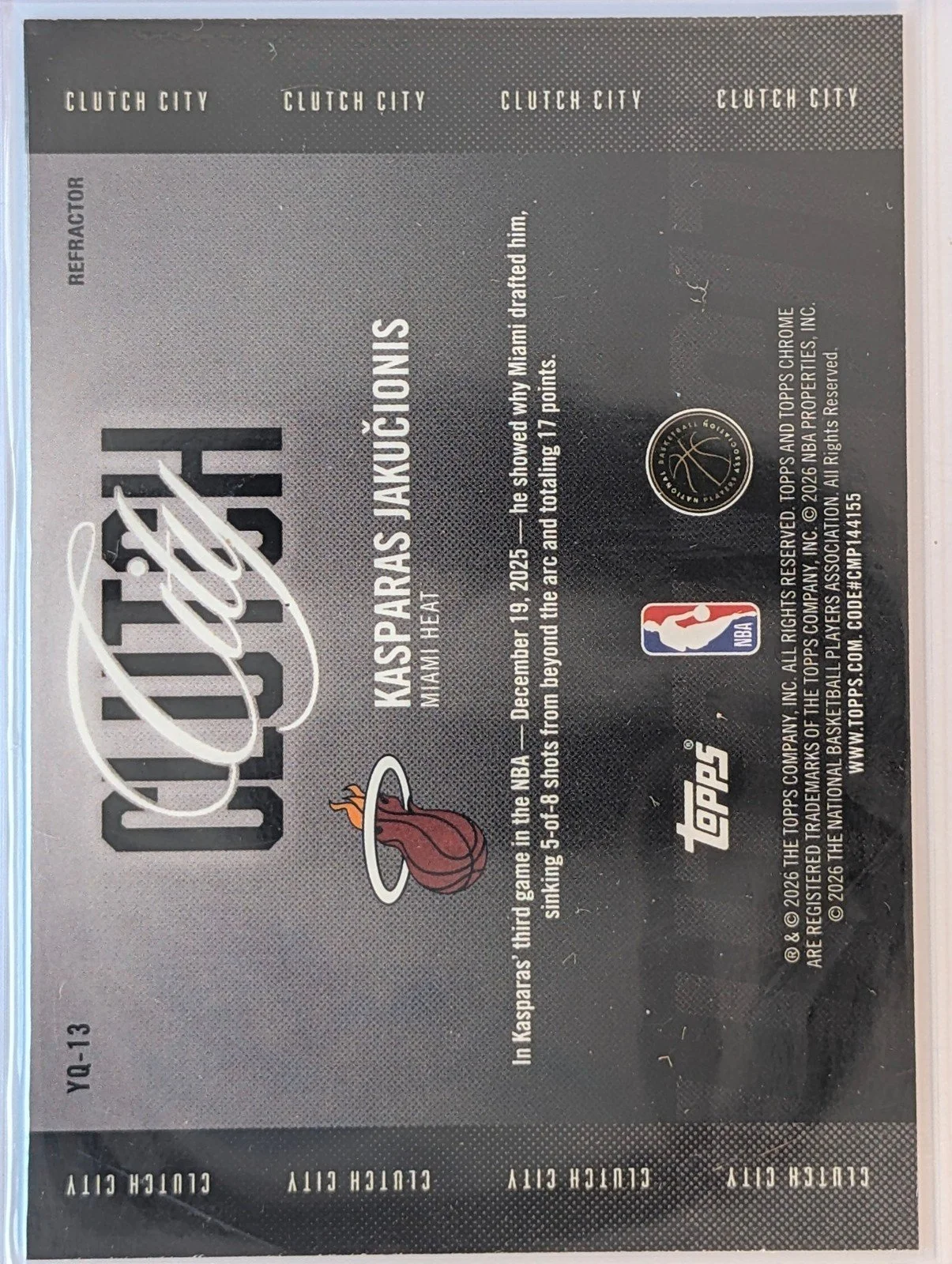 Back of 2025-26 Topps Chrome Update #YQ-13 Kasparas Jakučionis Clutch City Refractor